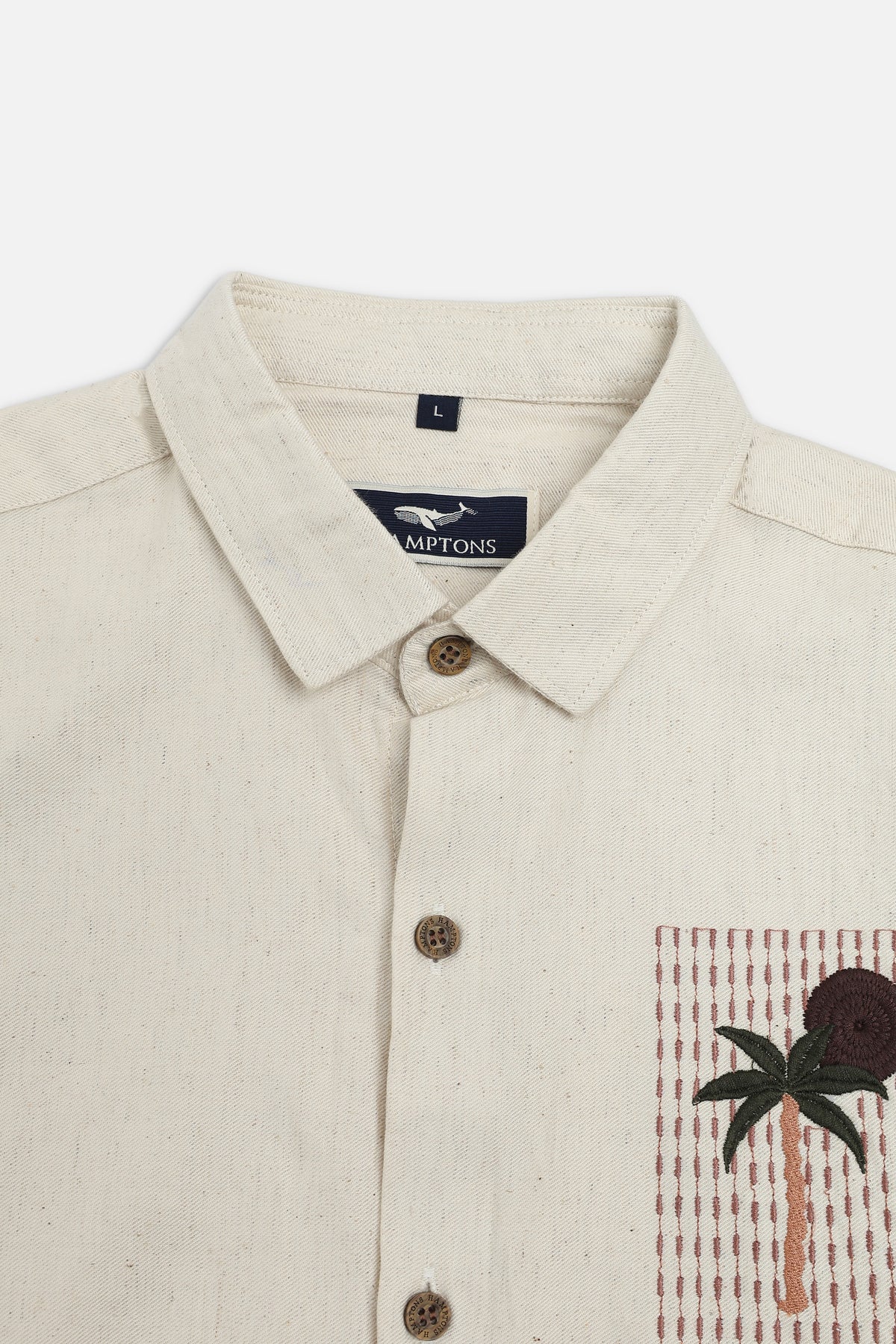 Palm Story Cotton Regular Fit Beige Embroidered Shirt