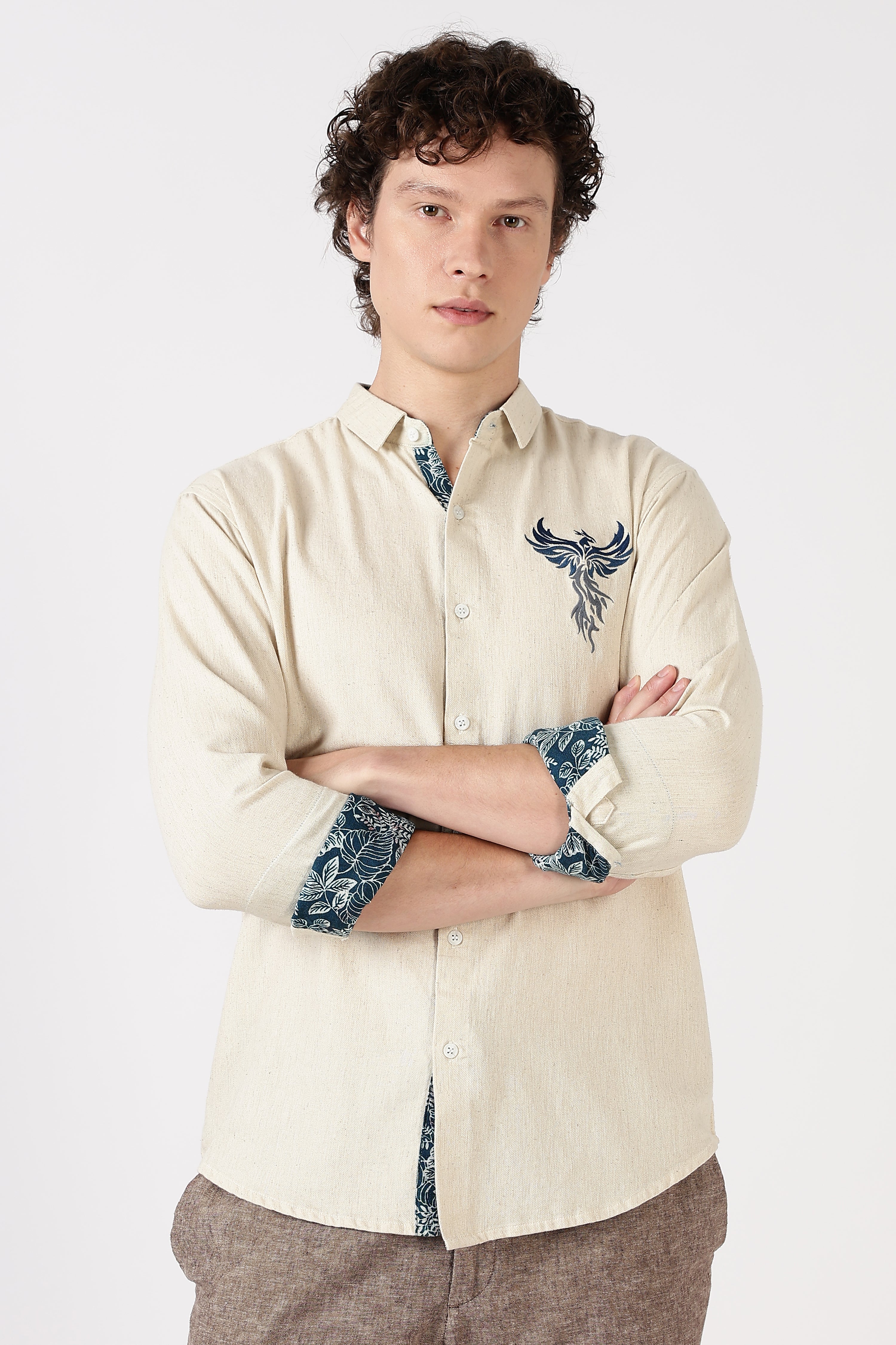 Phoenix Rise Cotton Regular Fit Beige Embroidered Shirt