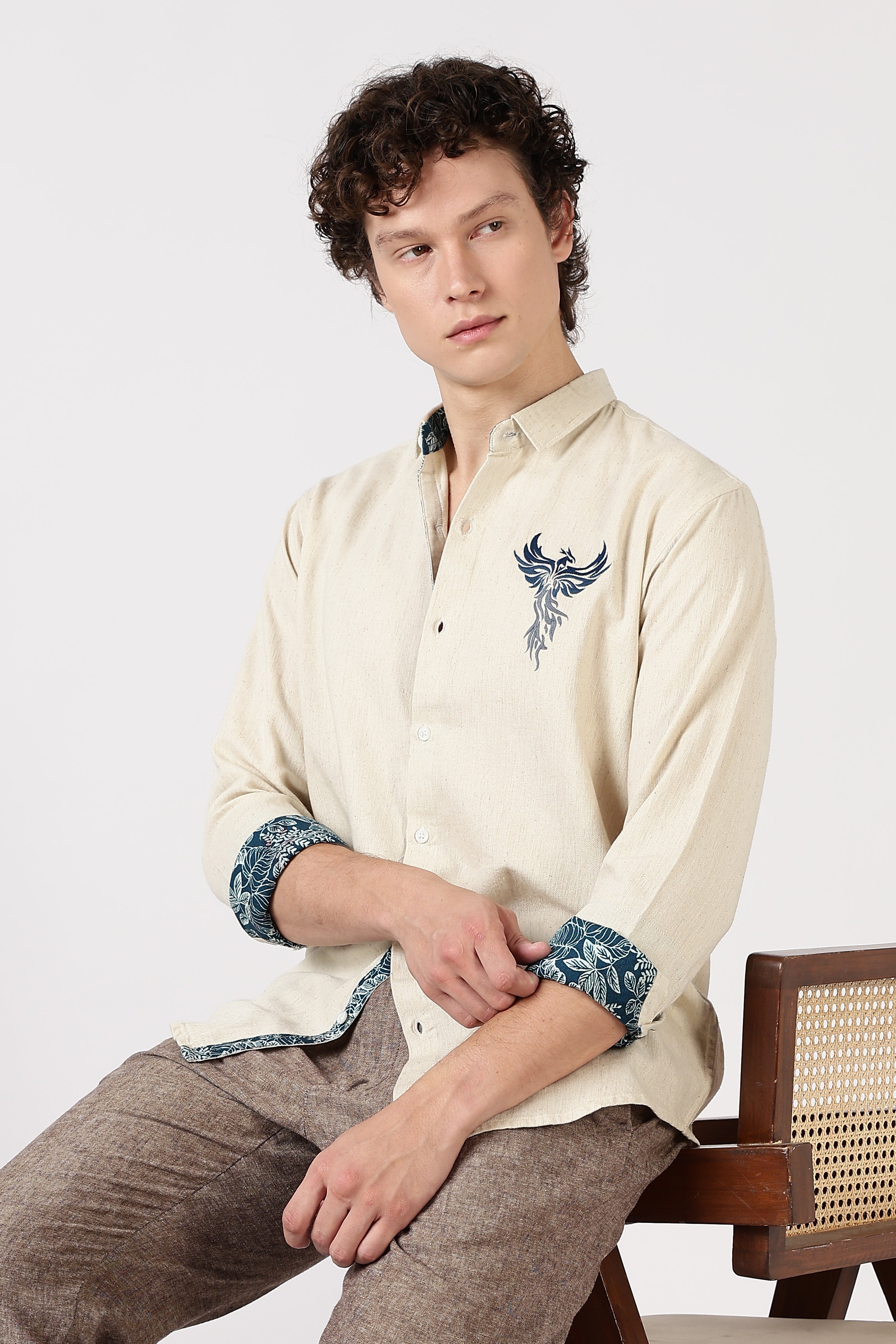 Phoenix Rise Cotton Regular Fit Beige Embroidered Shirt