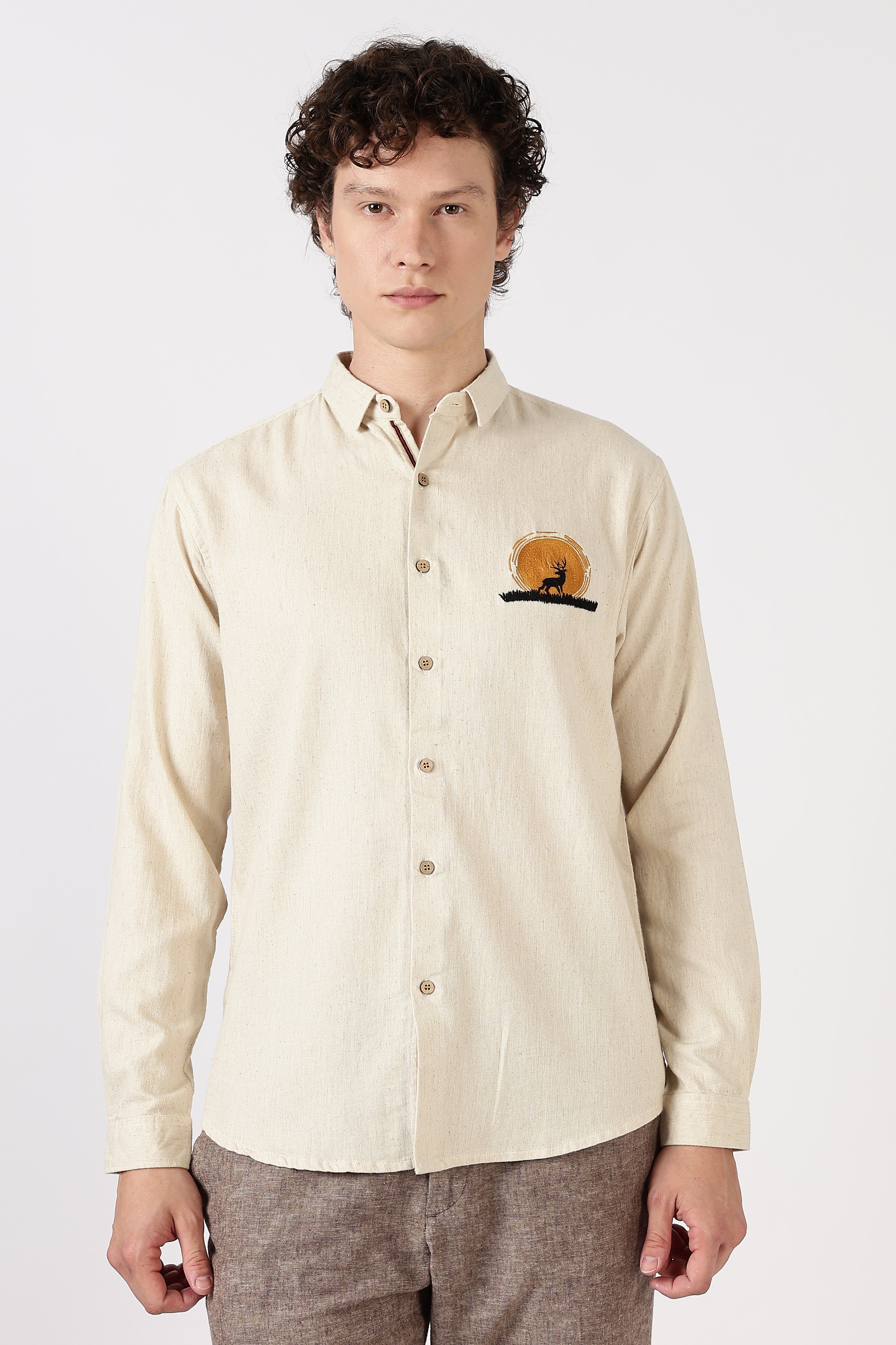 Golden Stag Cotton Regular Fit Beige Embroidered Shirt