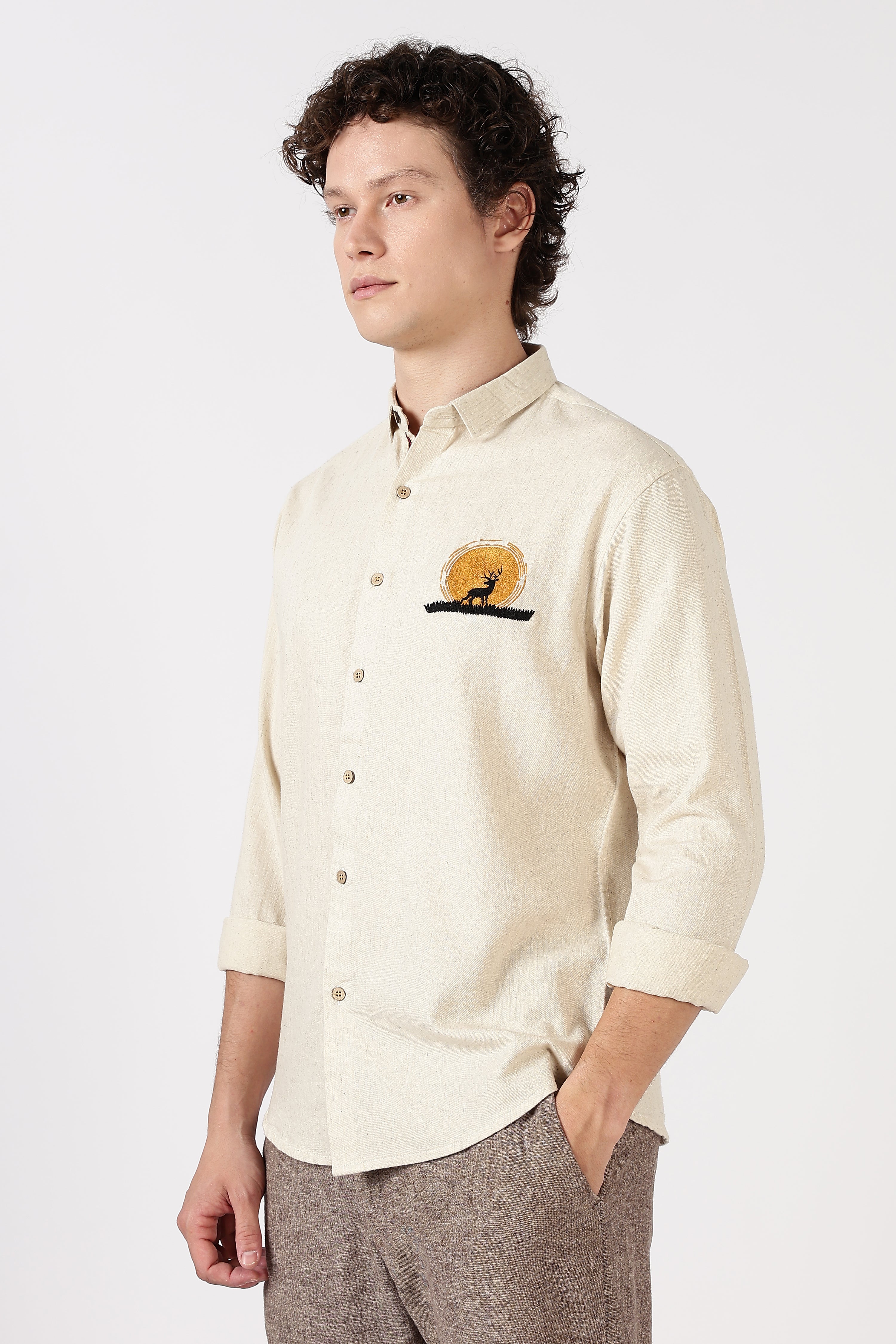 Golden Stag Cotton Regular Fit Beige Embroidered Shirt
