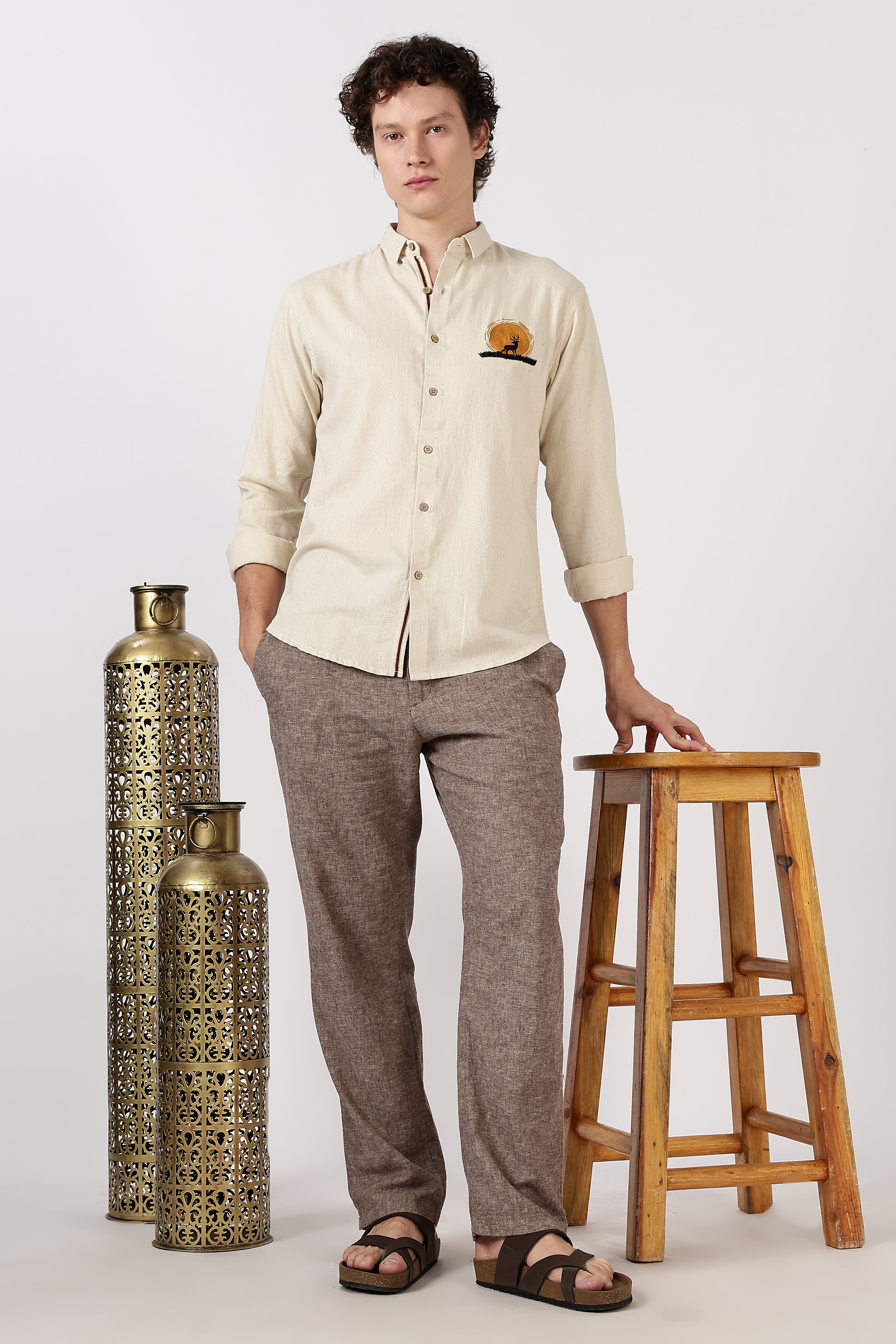 Golden Stag Cotton Regular Fit Beige Embroidered Shirt