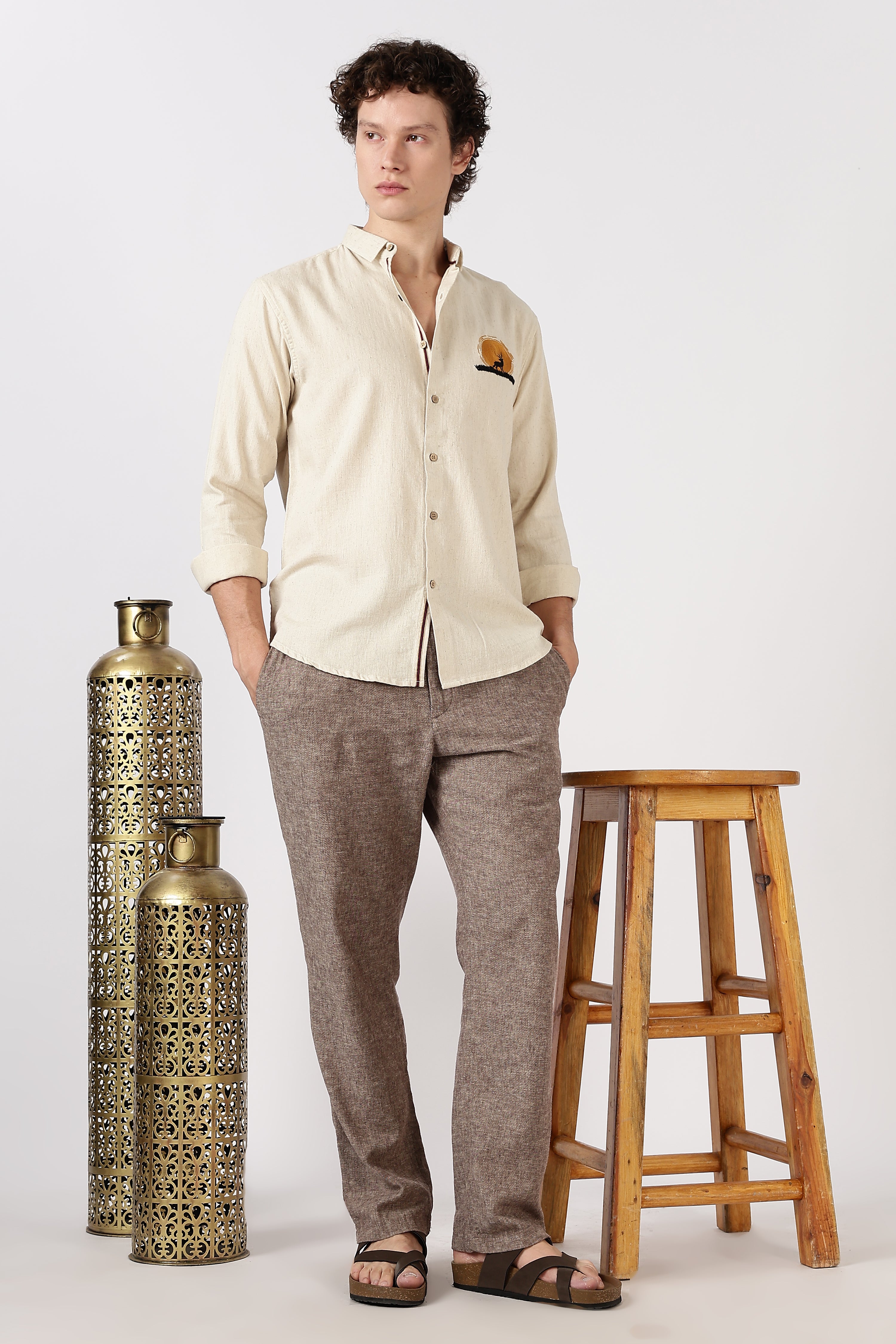 Golden Stag Cotton Regular Fit Beige Embroidered Shirt