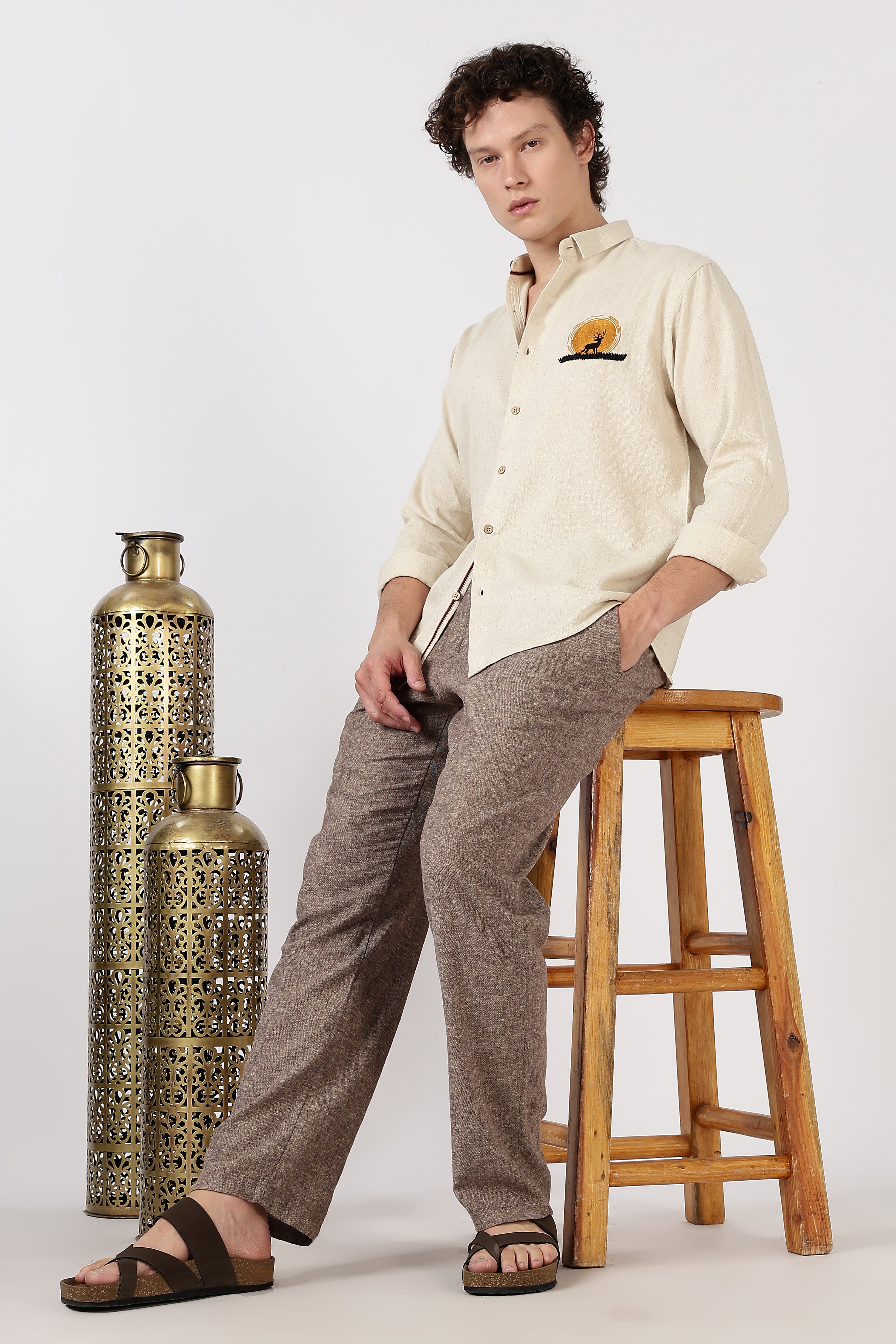 Golden Stag Cotton Regular Fit Beige Embroidered Shirt