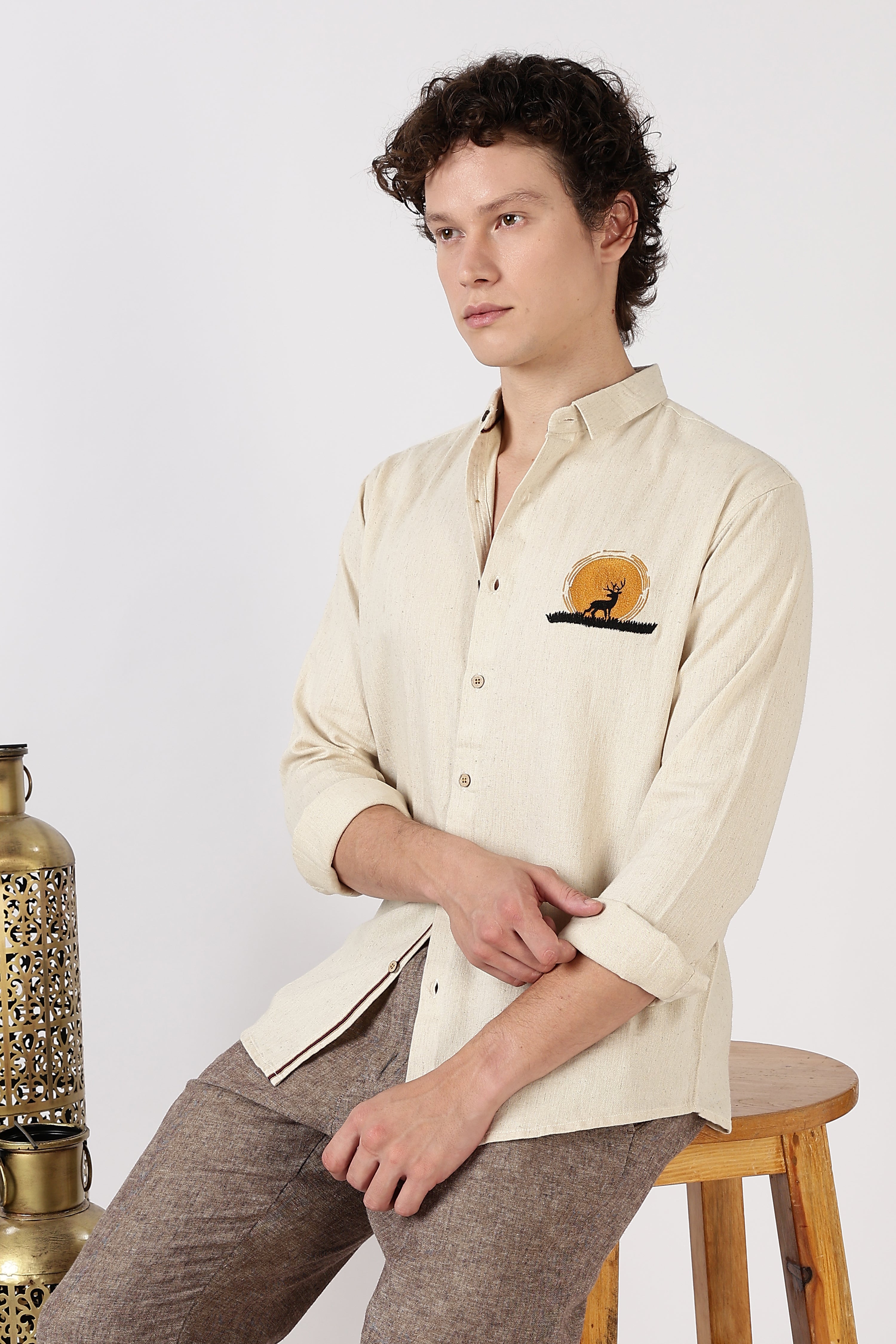 Golden Stag Cotton Regular Fit Beige Embroidered Shirt