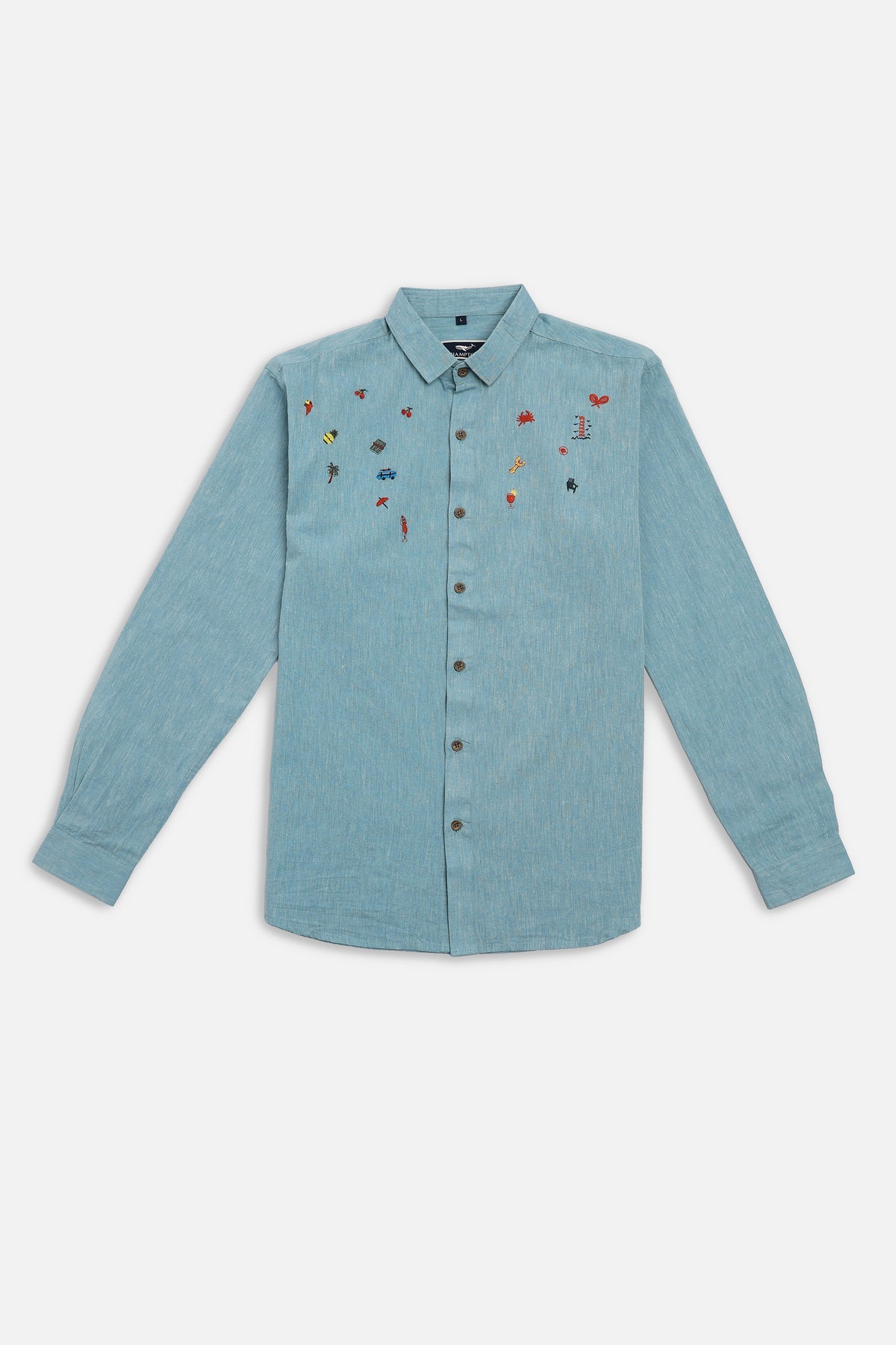 Seaside Souvenirs Linen Regular Fit Blue Embroidered Shirt