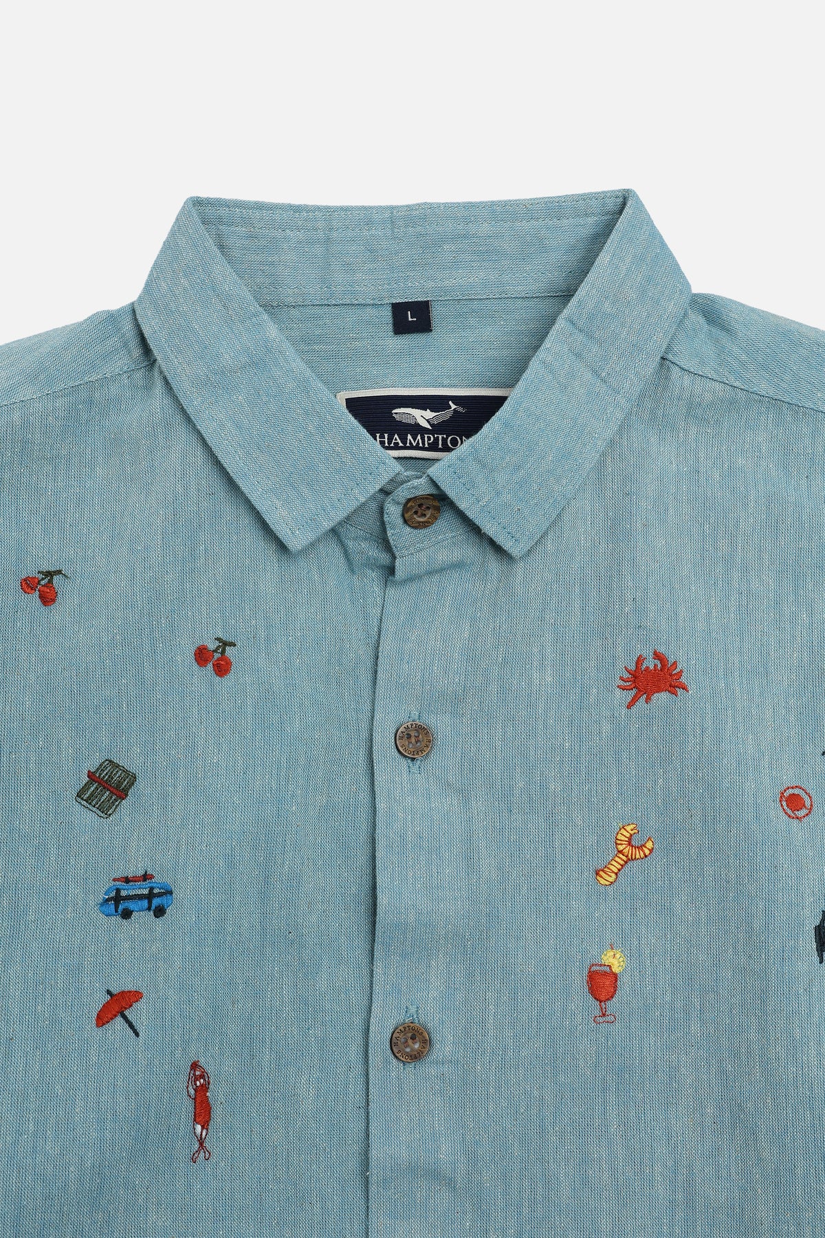 Seaside Souvenirs Linen Regular Fit Blue Embroidered Shirt