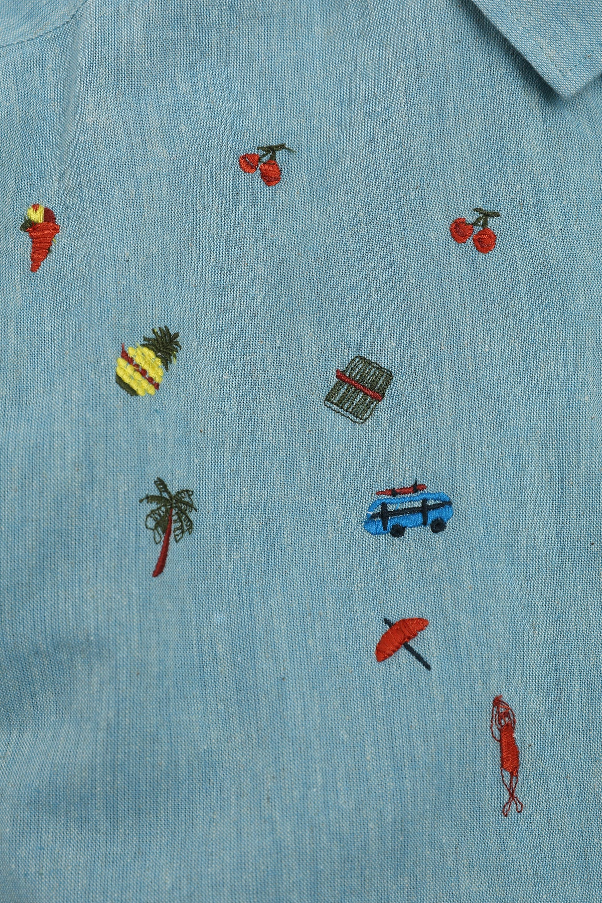 Seaside Souvenirs Linen Regular Fit Blue Embroidered Shirt