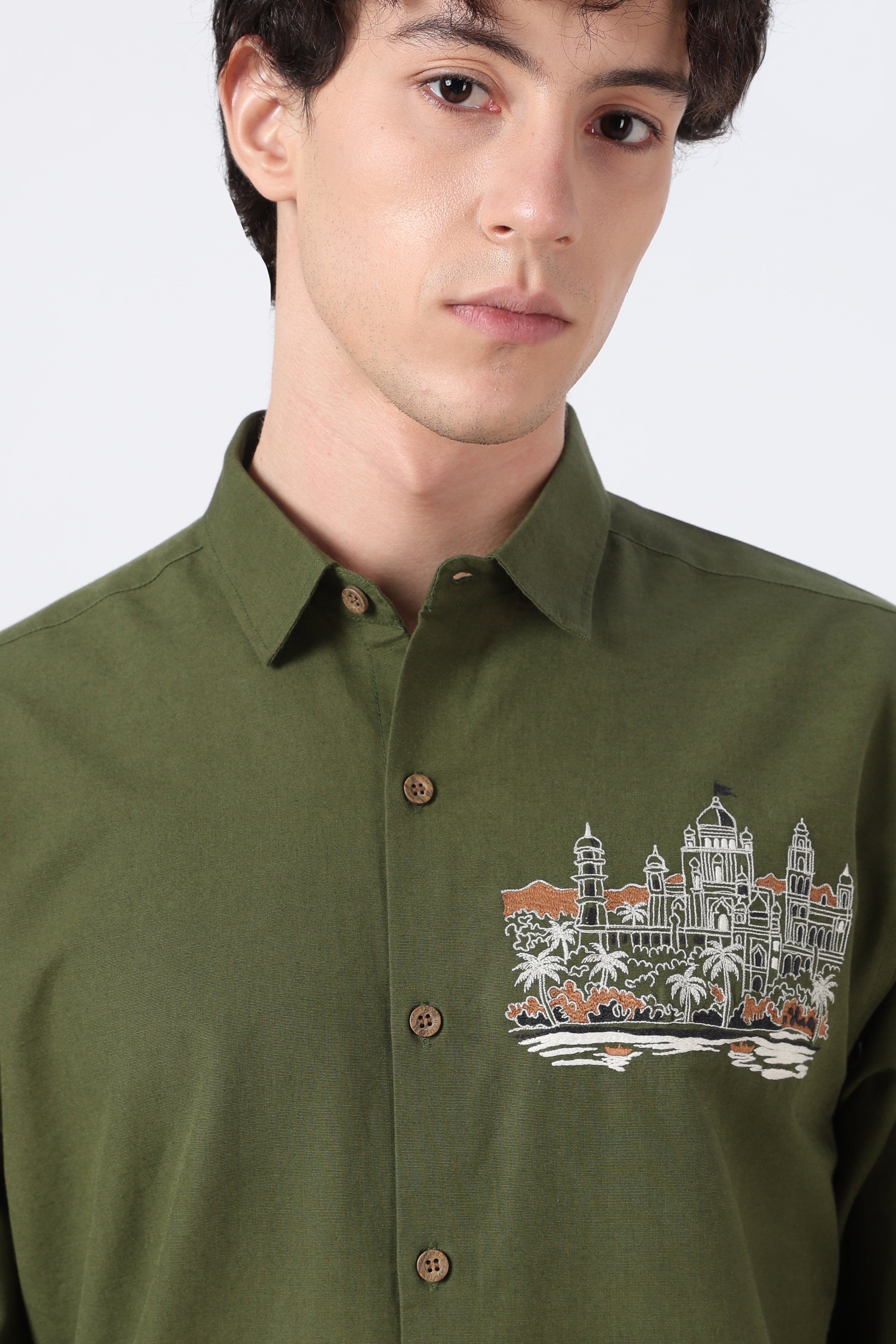 Namma Chennai Cotton Regular Fit Olive Crafted Embroidered Shirt