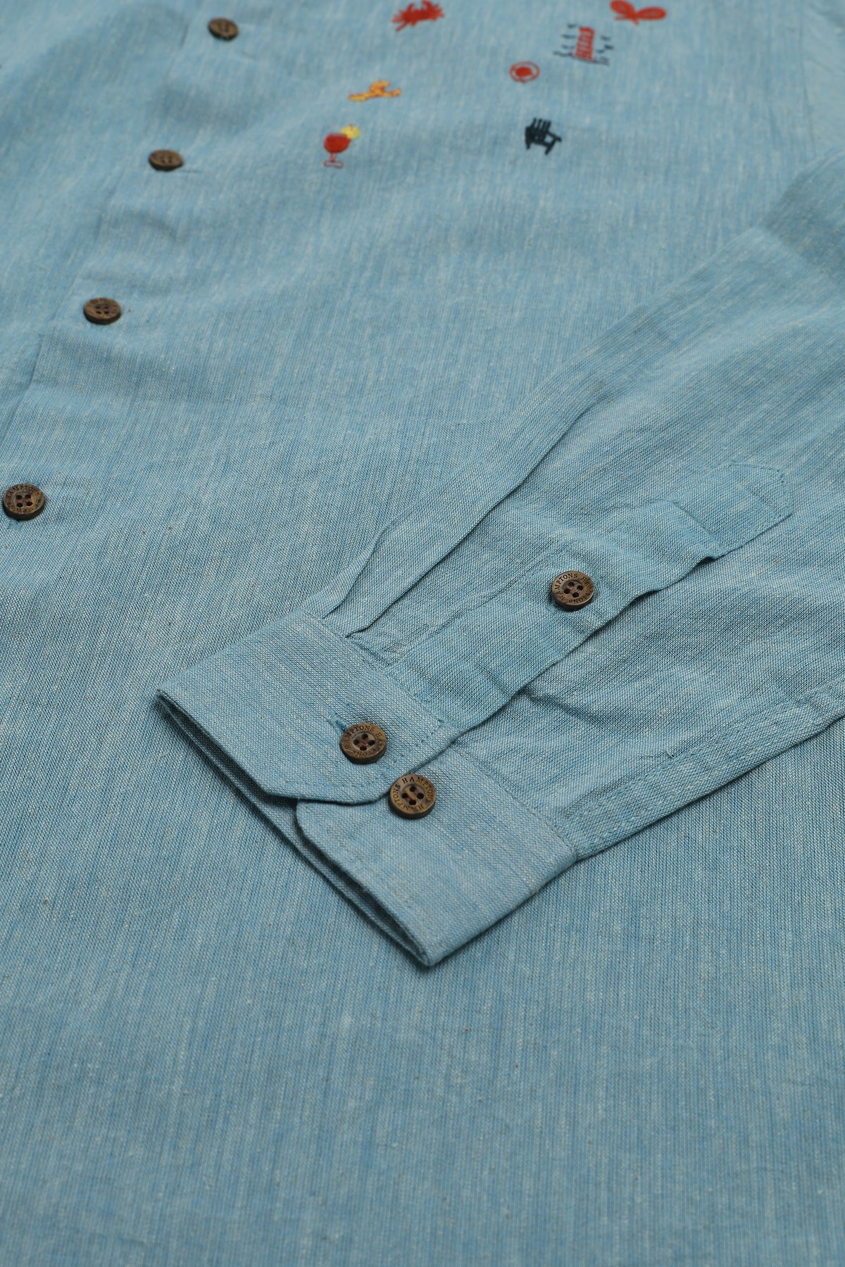 Seaside Souvenirs Linen Regular Fit Blue Embroidered Shirt