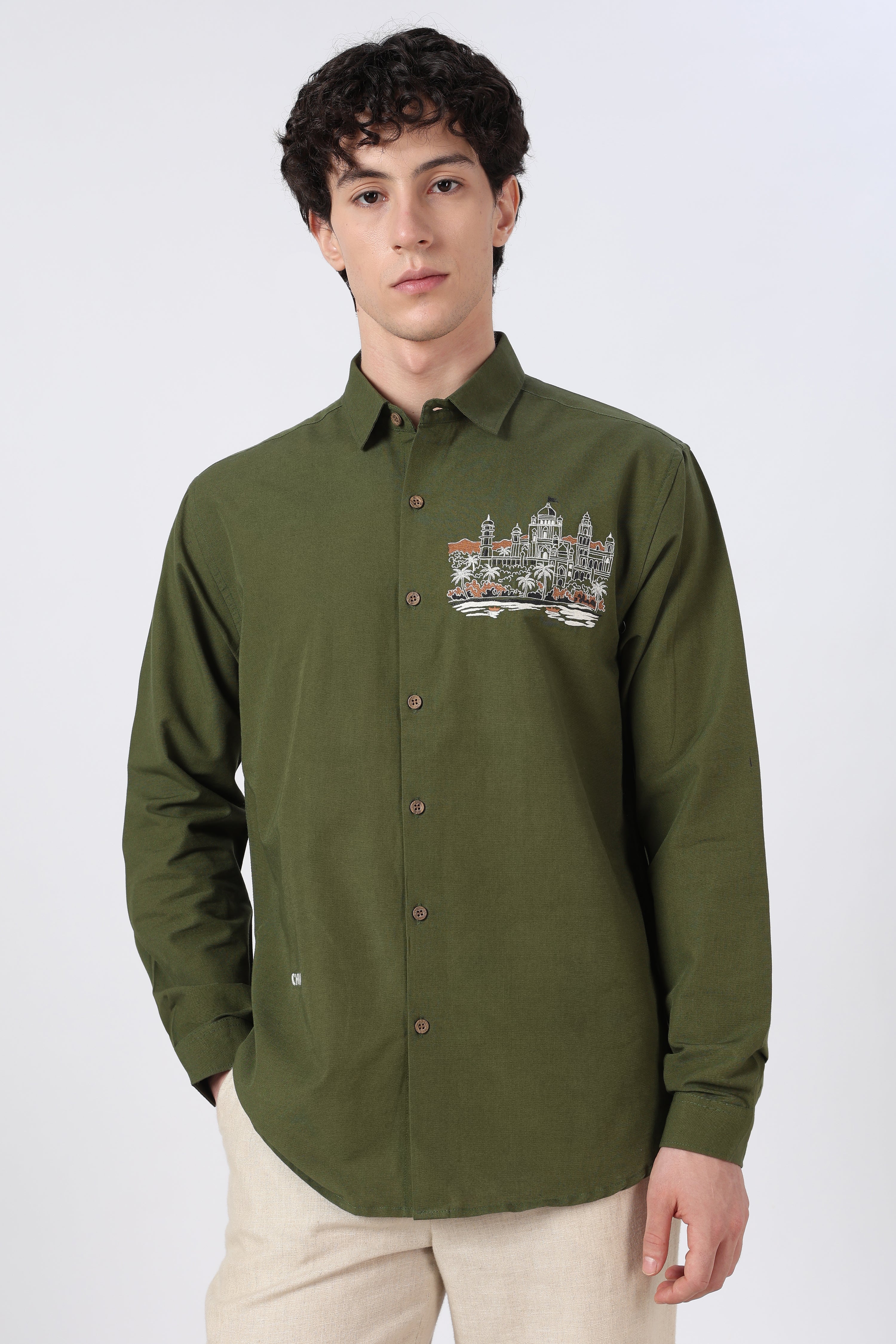 Namma Chennai Cotton Regular Fit Olive Crafted Embroidered Shirt