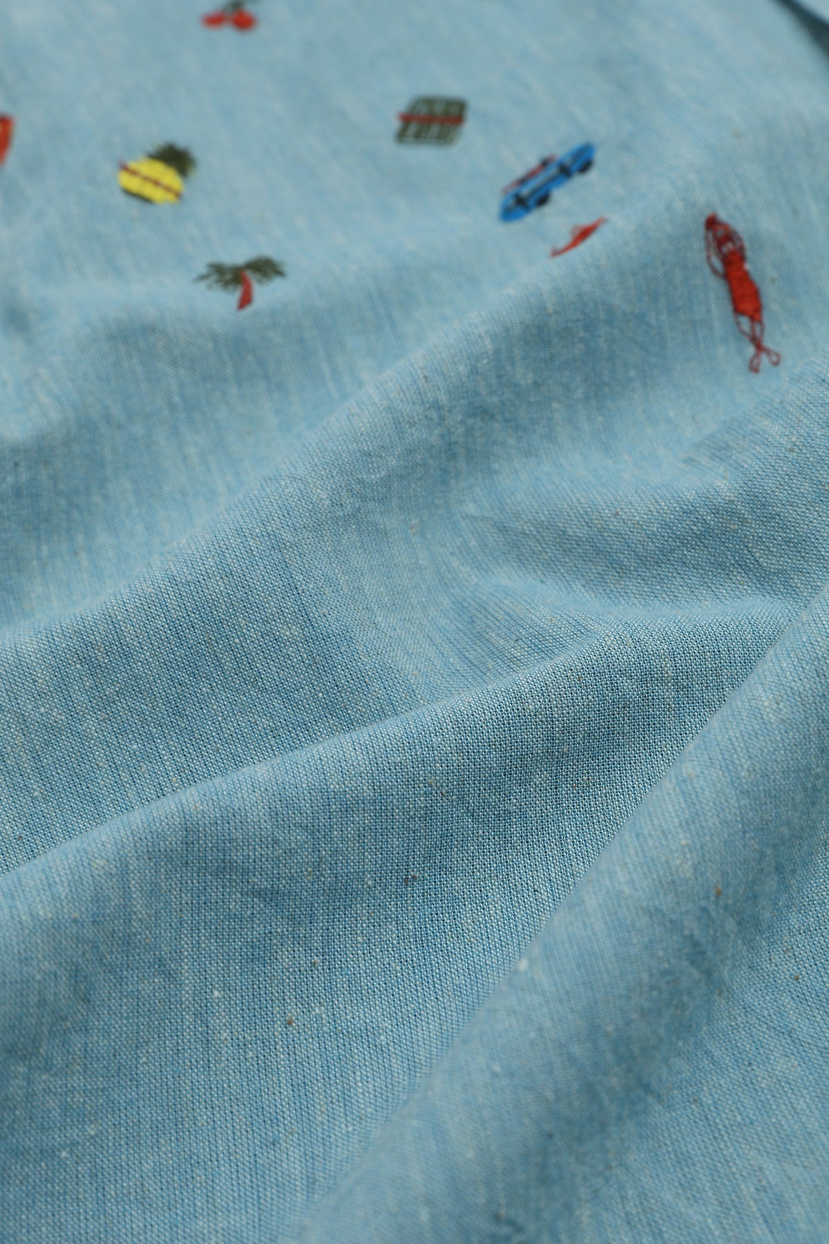Seaside Souvenirs Linen Regular Fit Blue Embroidered Shirt