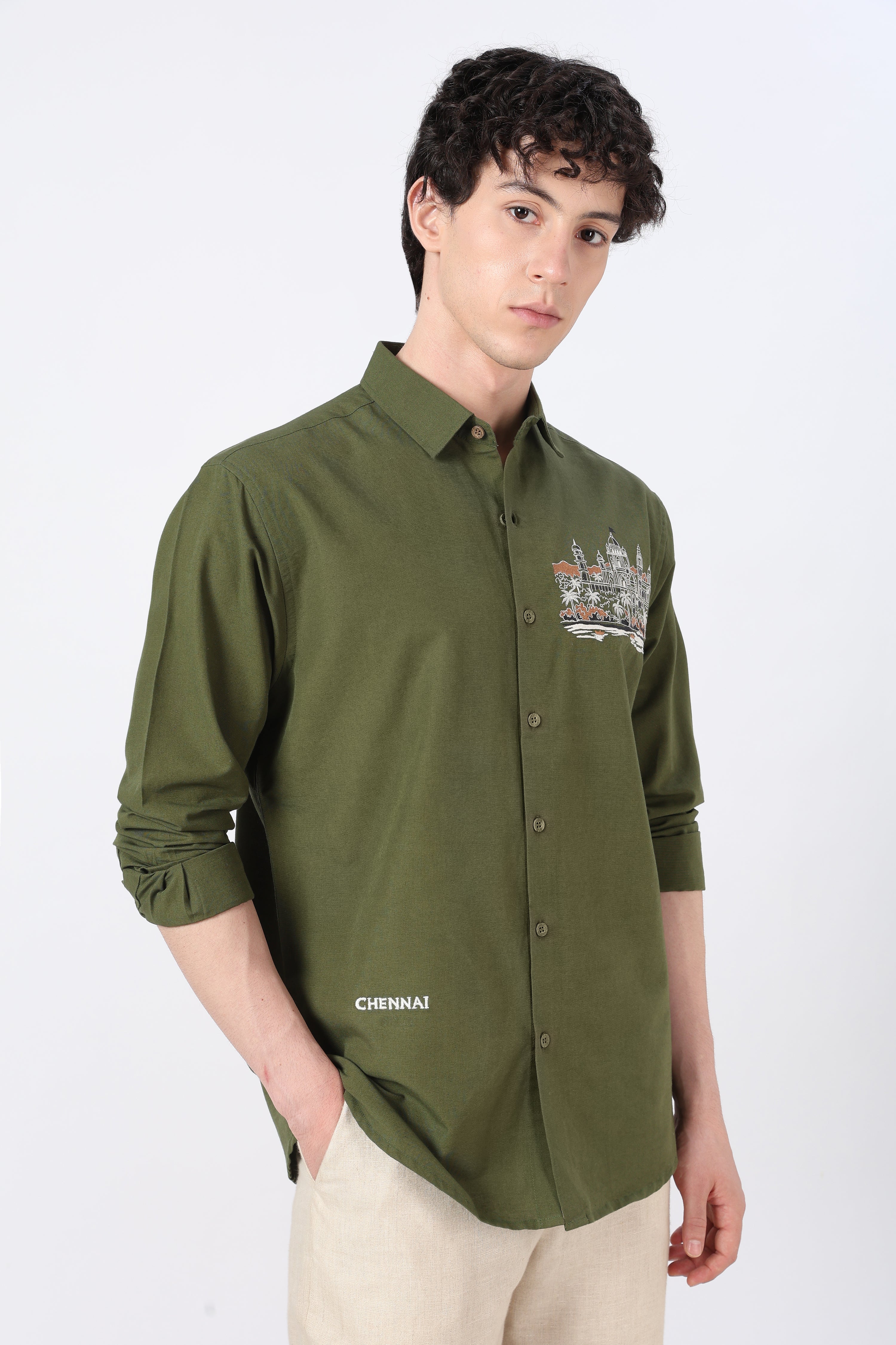 Namma Chennai Cotton Regular Fit Olive Crafted Embroidered Shirt