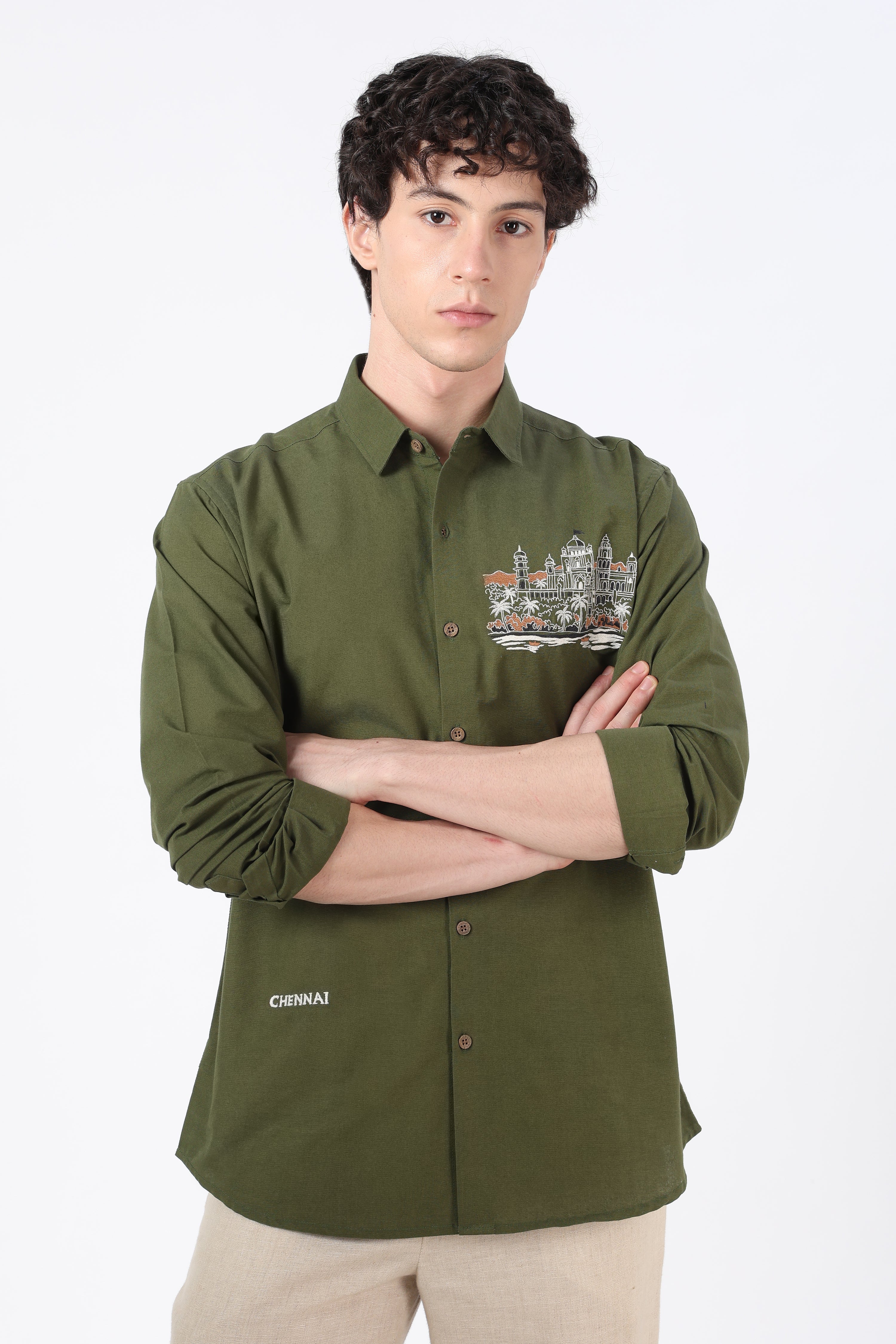 Namma Chennai Cotton Regular Fit Olive Crafted Embroidered Shirt