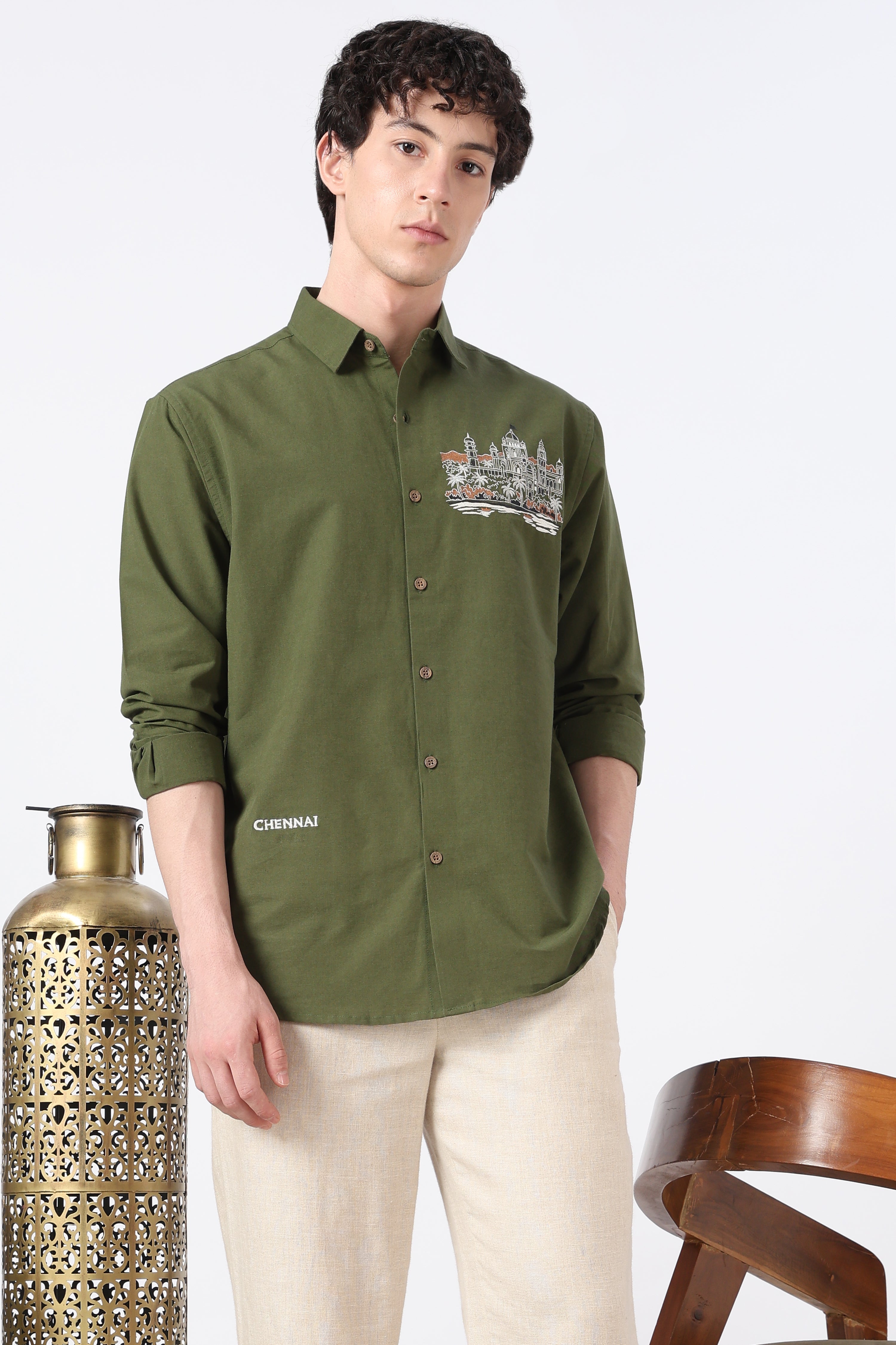 Namma Chennai Cotton Regular Fit Olive Crafted Embroidered Shirt