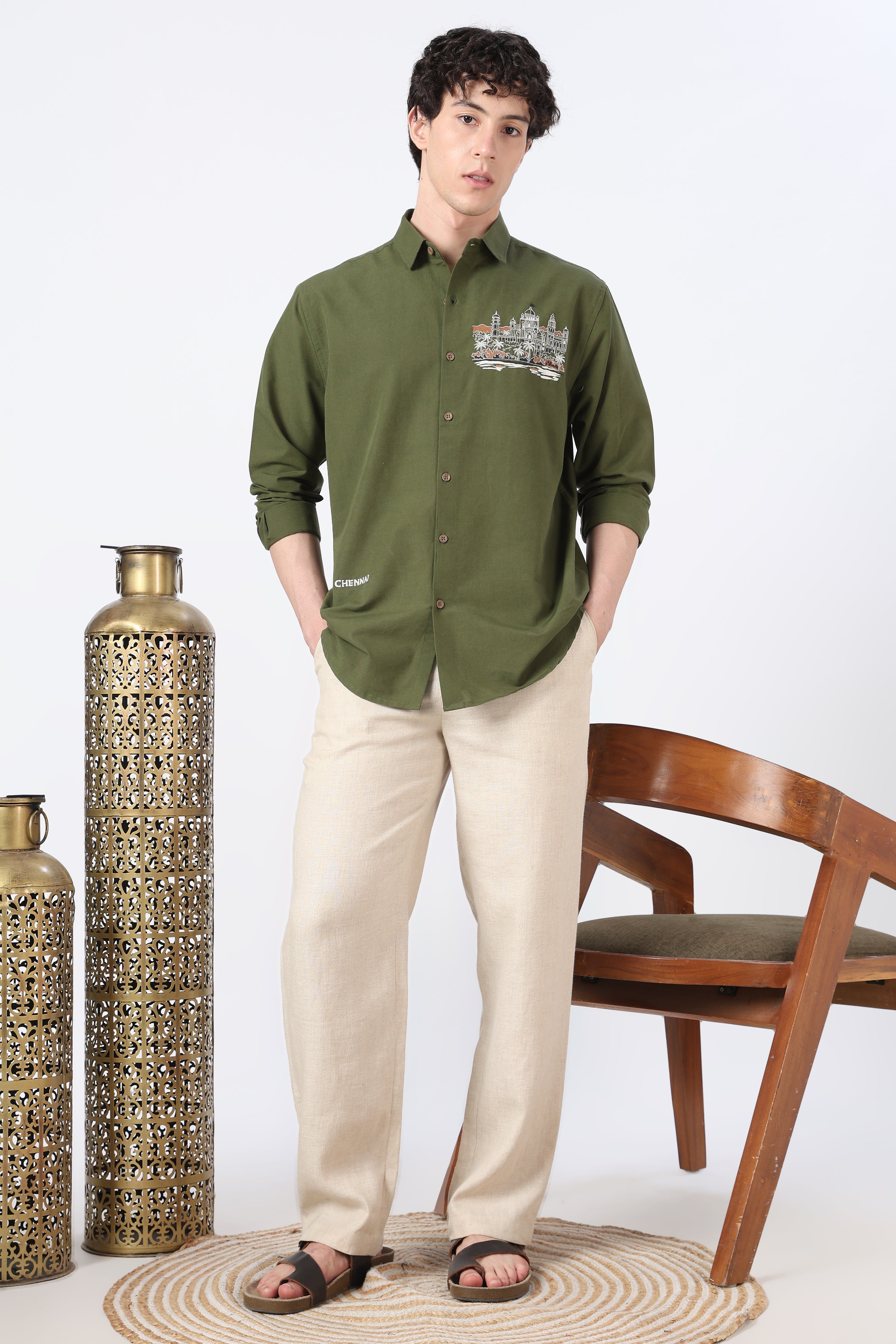 Namma Chennai Cotton Regular Fit Olive Crafted Embroidered Shirt