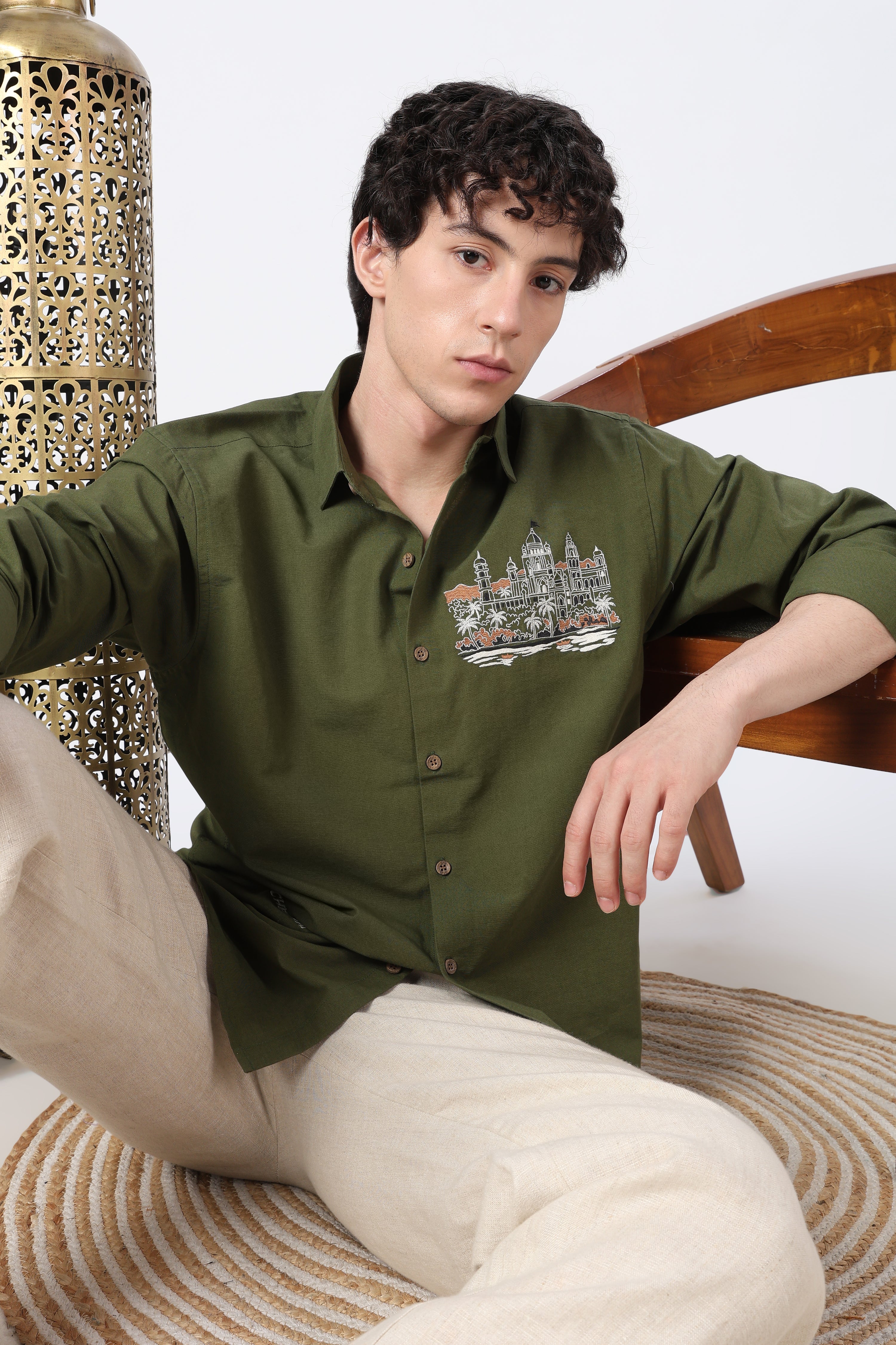 Namma Chennai Cotton Regular Fit Olive Crafted Embroidered Shirt