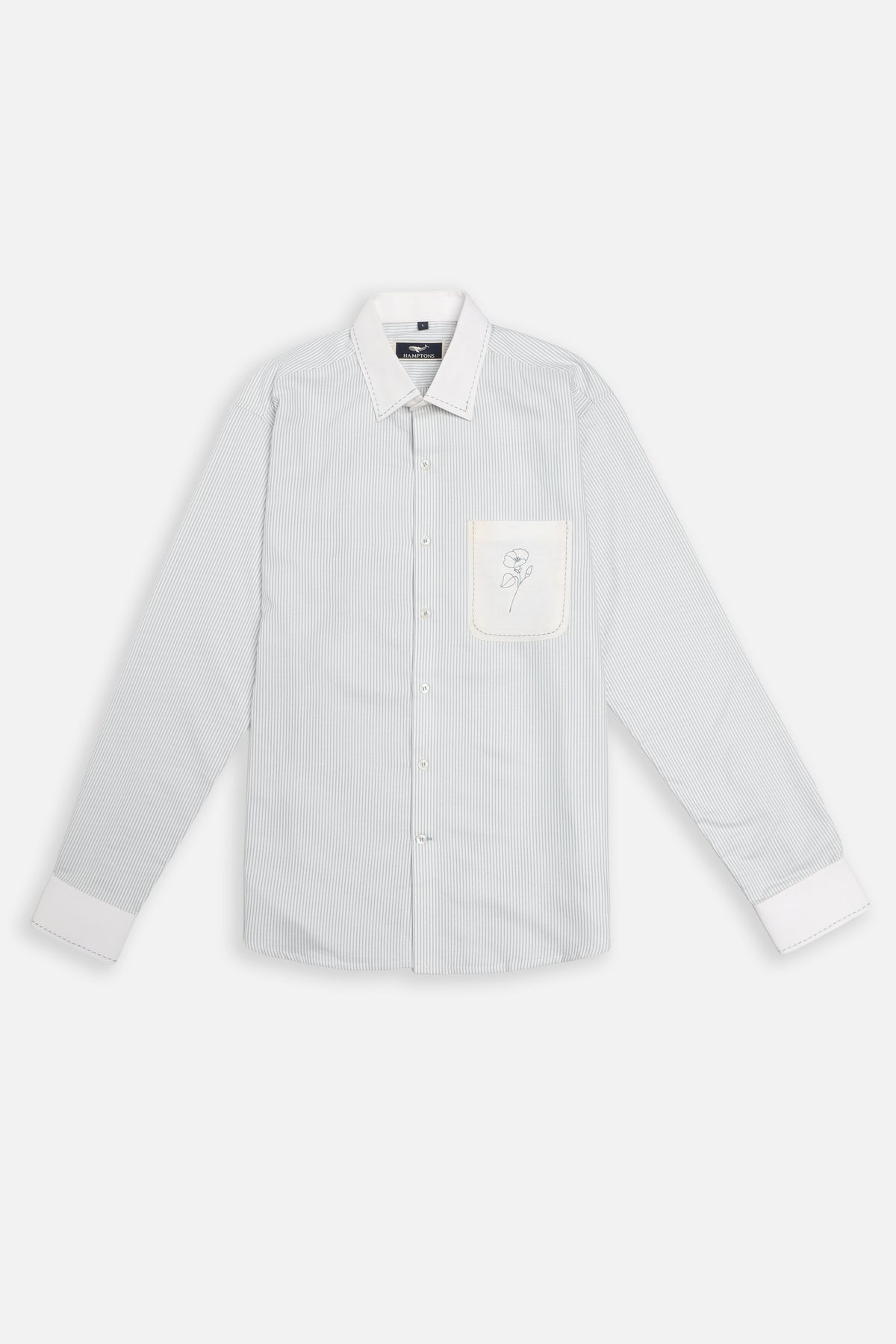 Floral Contrast Pocket Pinstripe Blue Wide Collar Shirt