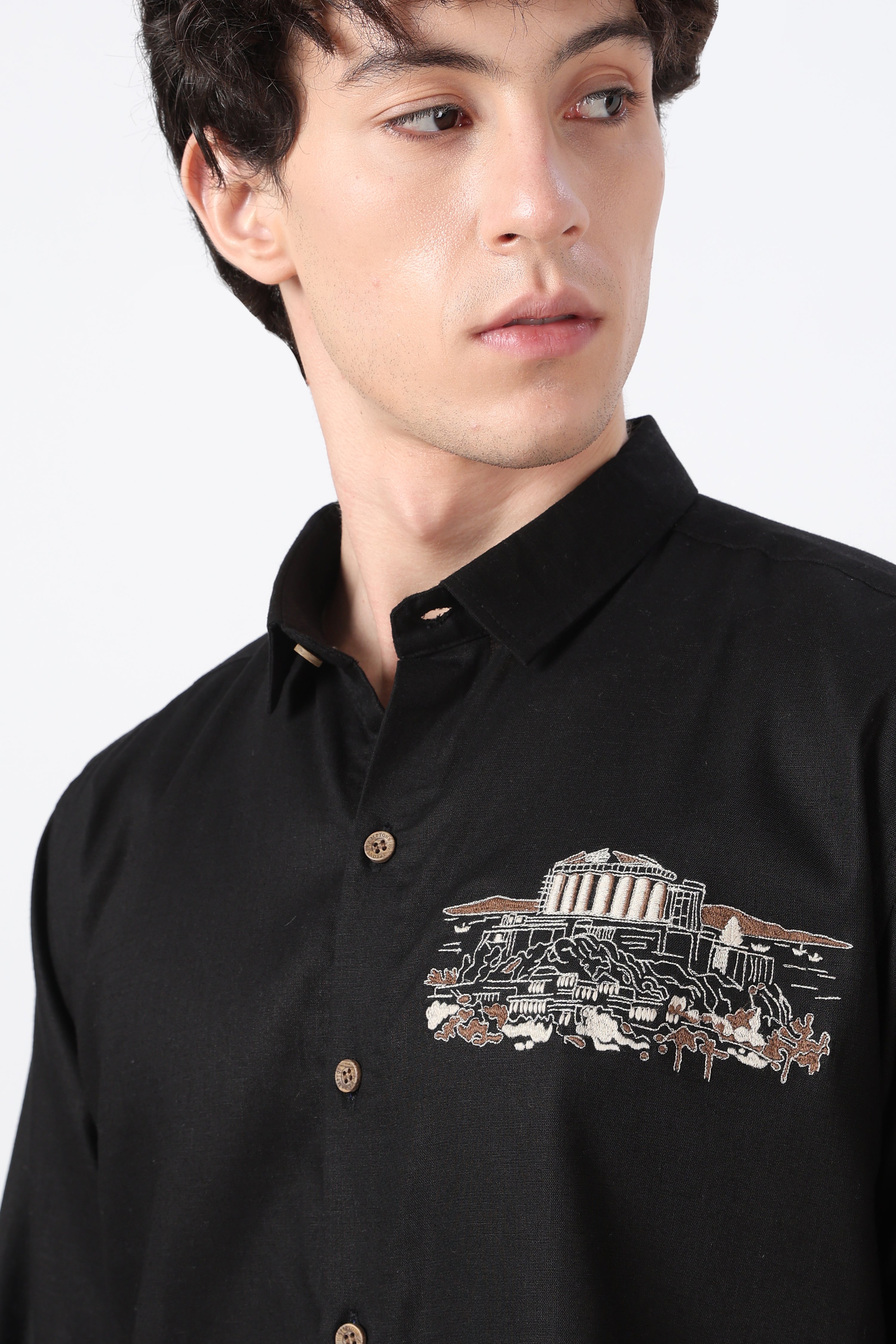 Athens Ruins Cotton Regular Fit Black Embroidered Shirt
