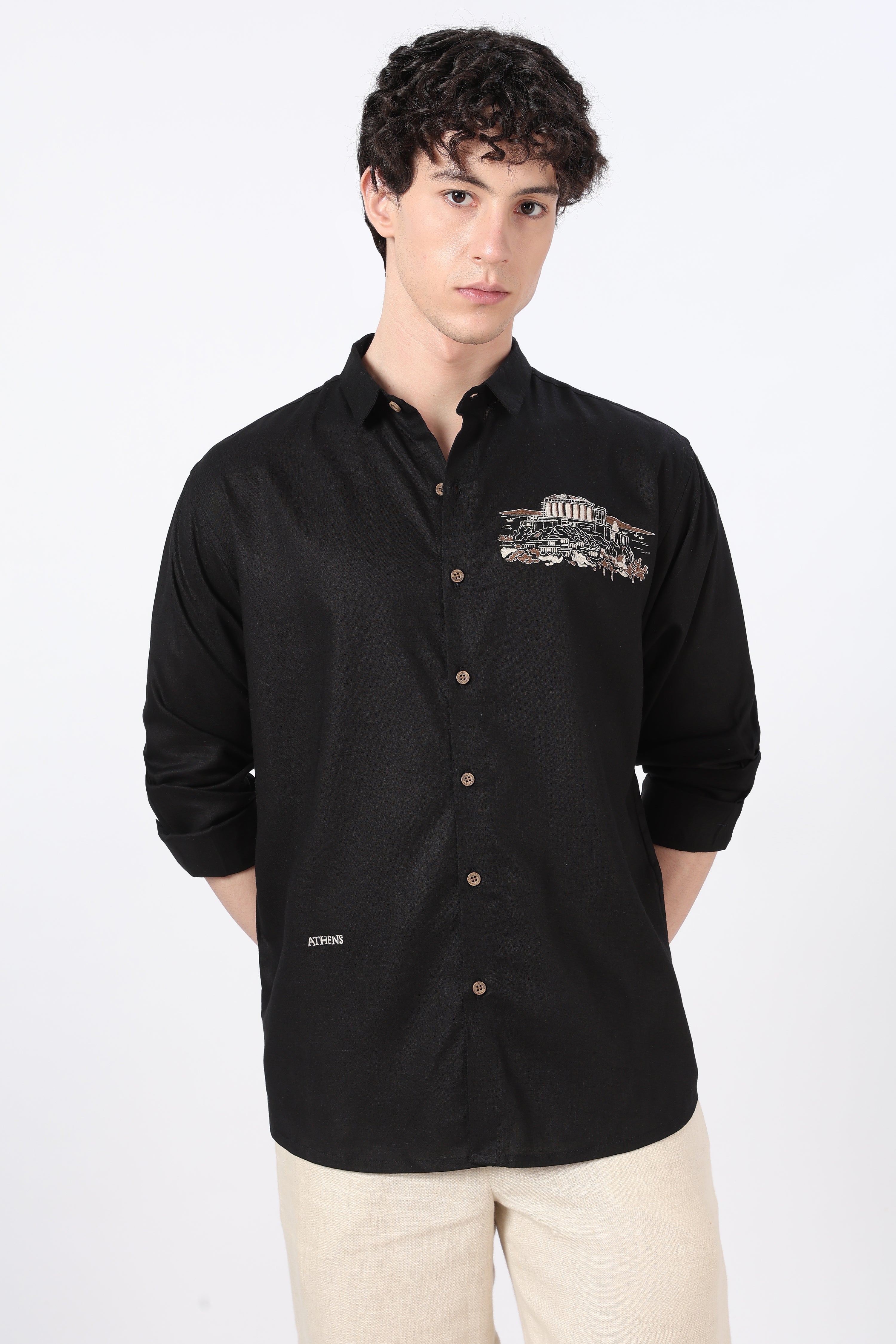 Athens Ruins Cotton Regular Fit Black Embroidered Shirt