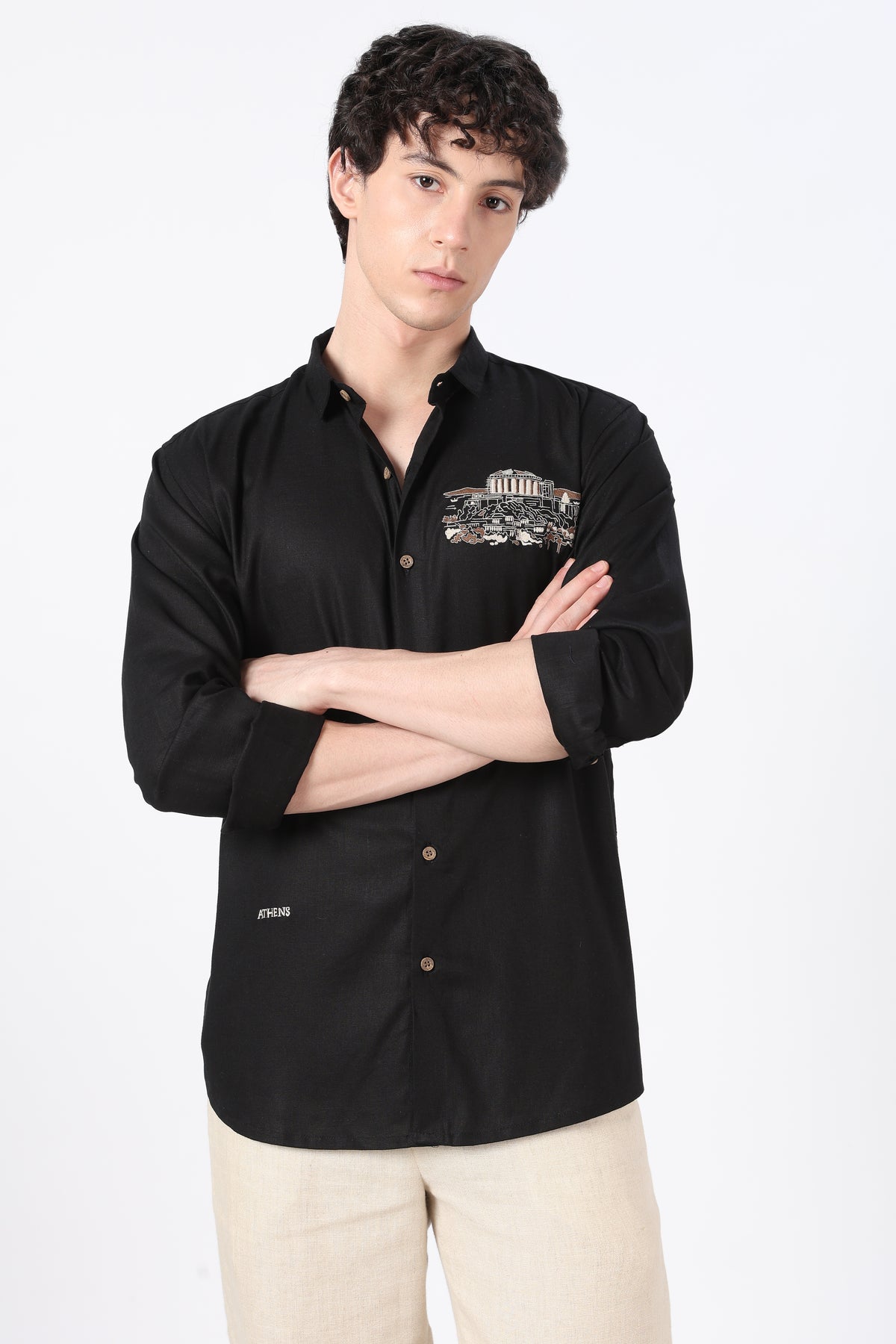 Athens Ruins Cotton Regular Fit Black Embroidered Shirt