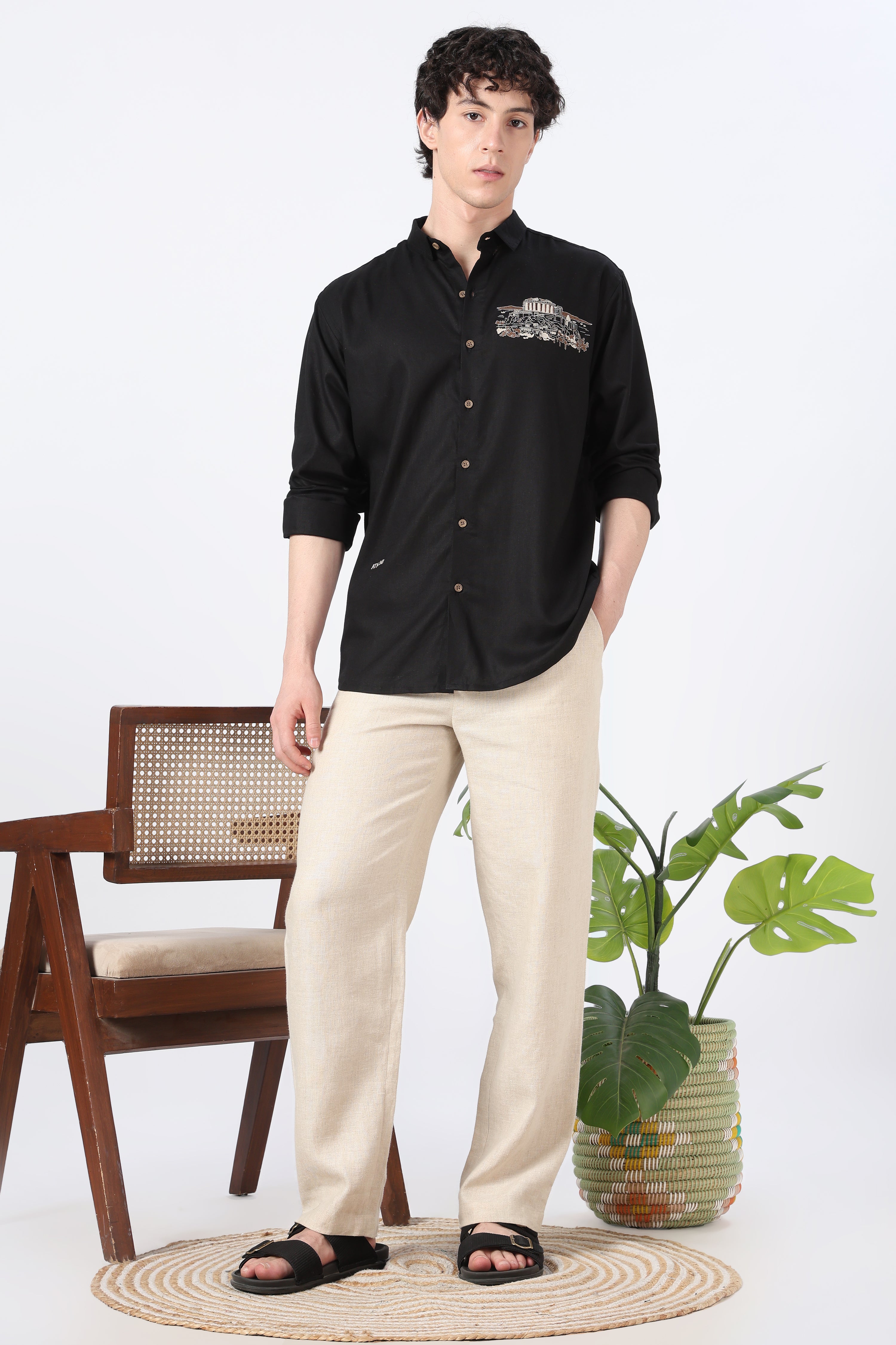 Athens Ruins Cotton Regular Fit Black Embroidered Shirt