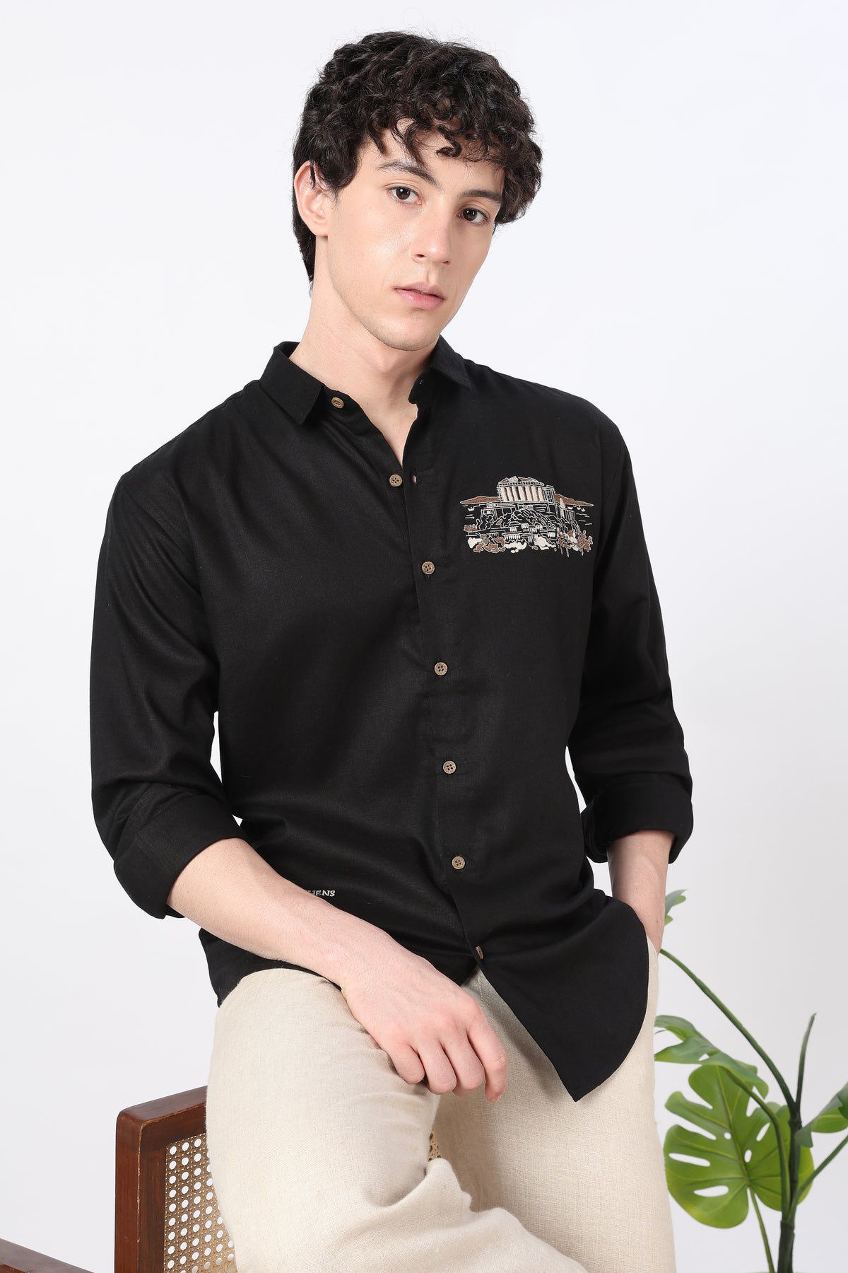 Athens Ruins Cotton Regular Fit Black Embroidered Shirt