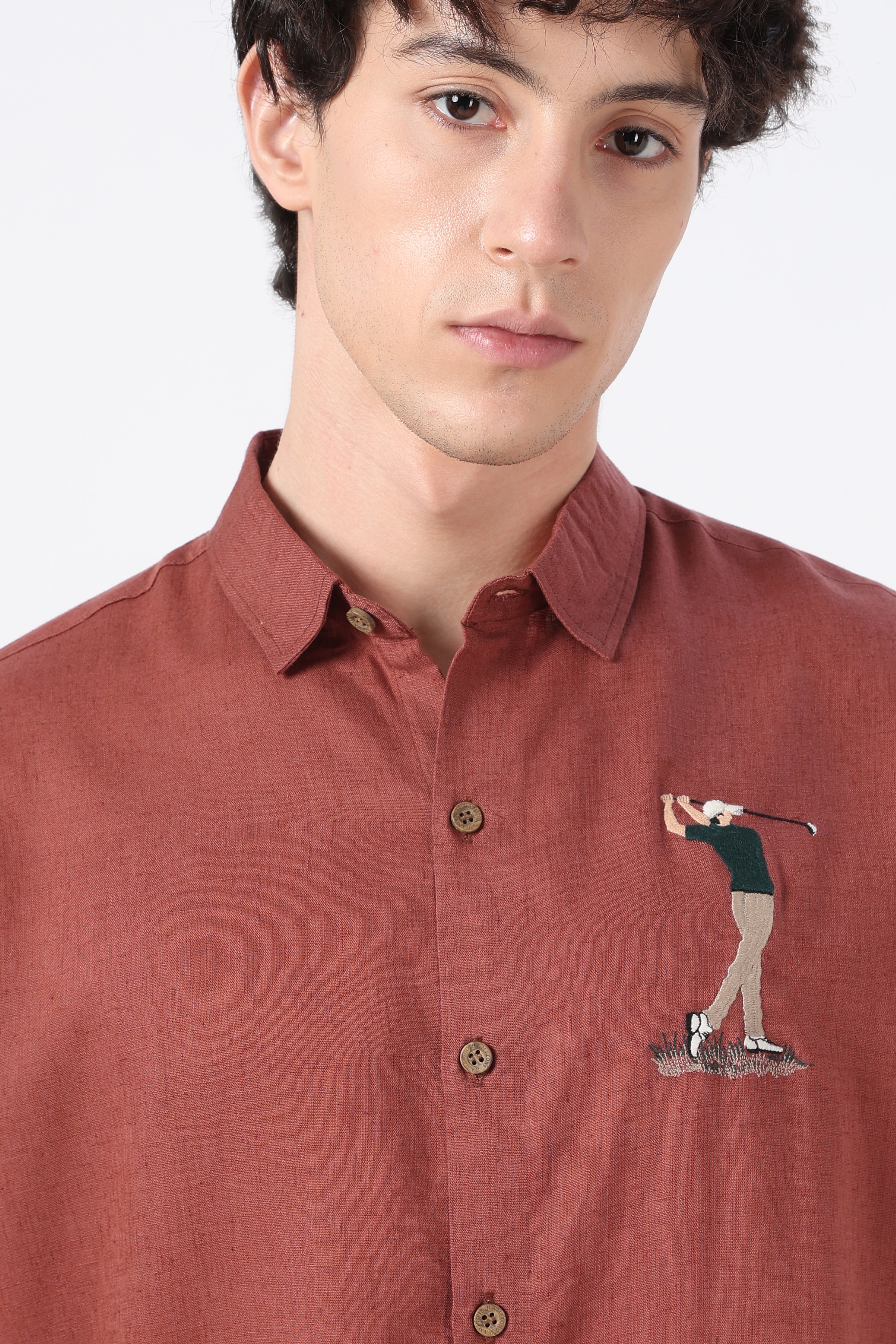 Golfer Mid-swing Cotton Regular Fit Rust Embroidered Shirt