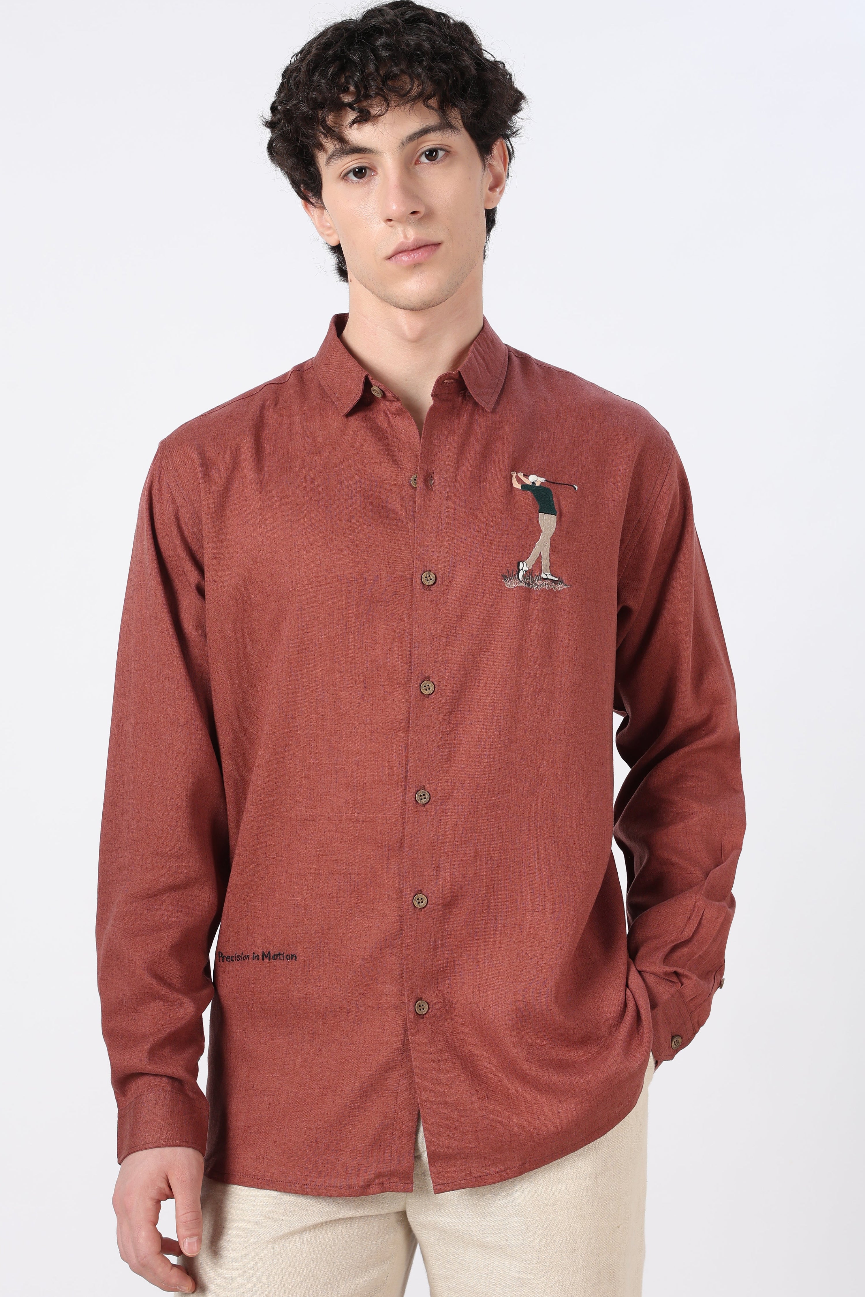 Golfer Mid-swing Cotton Regular Fit Rust Embroidered Shirt