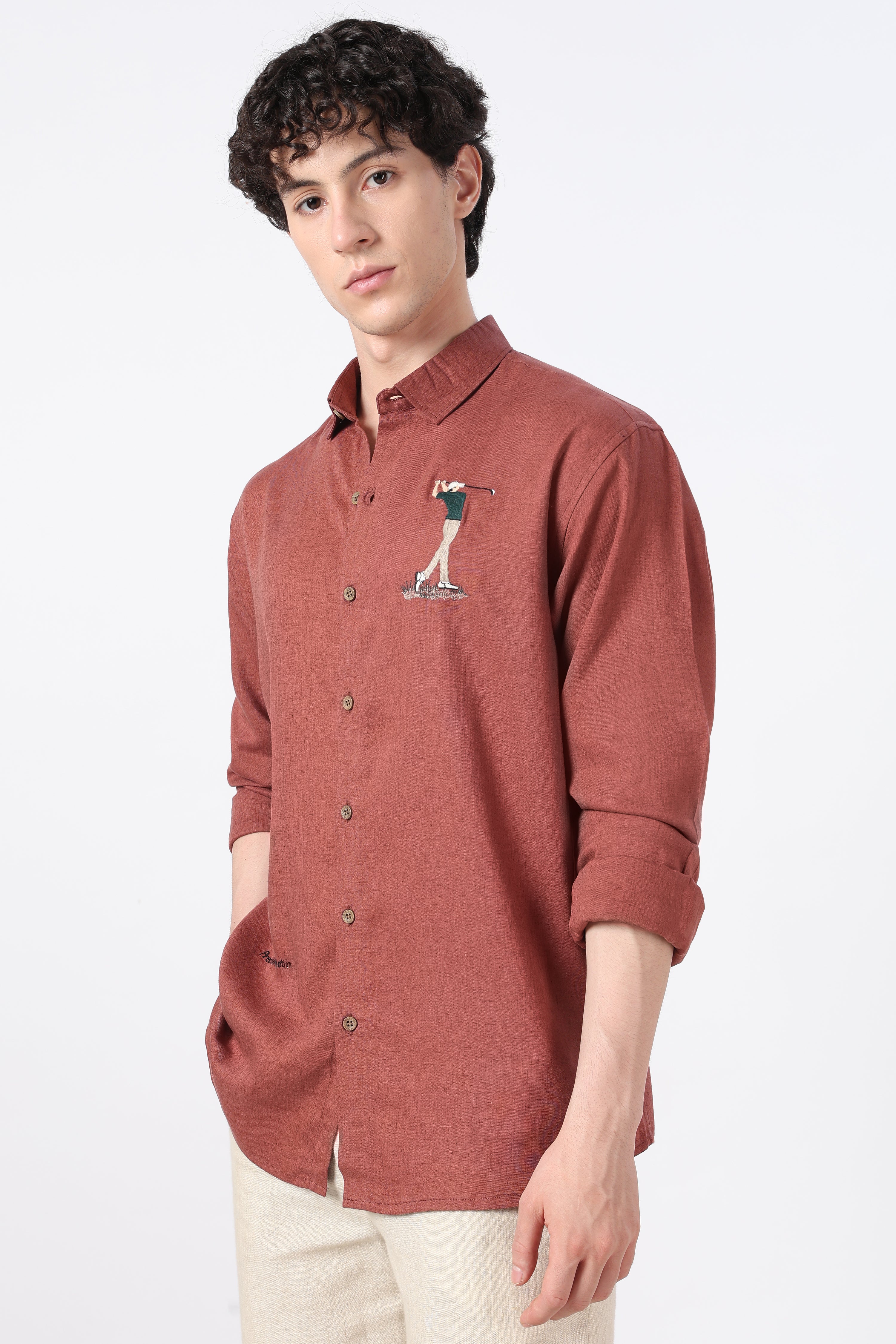 Golfer Mid-swing Cotton Regular Fit Rust Embroidered Shirt