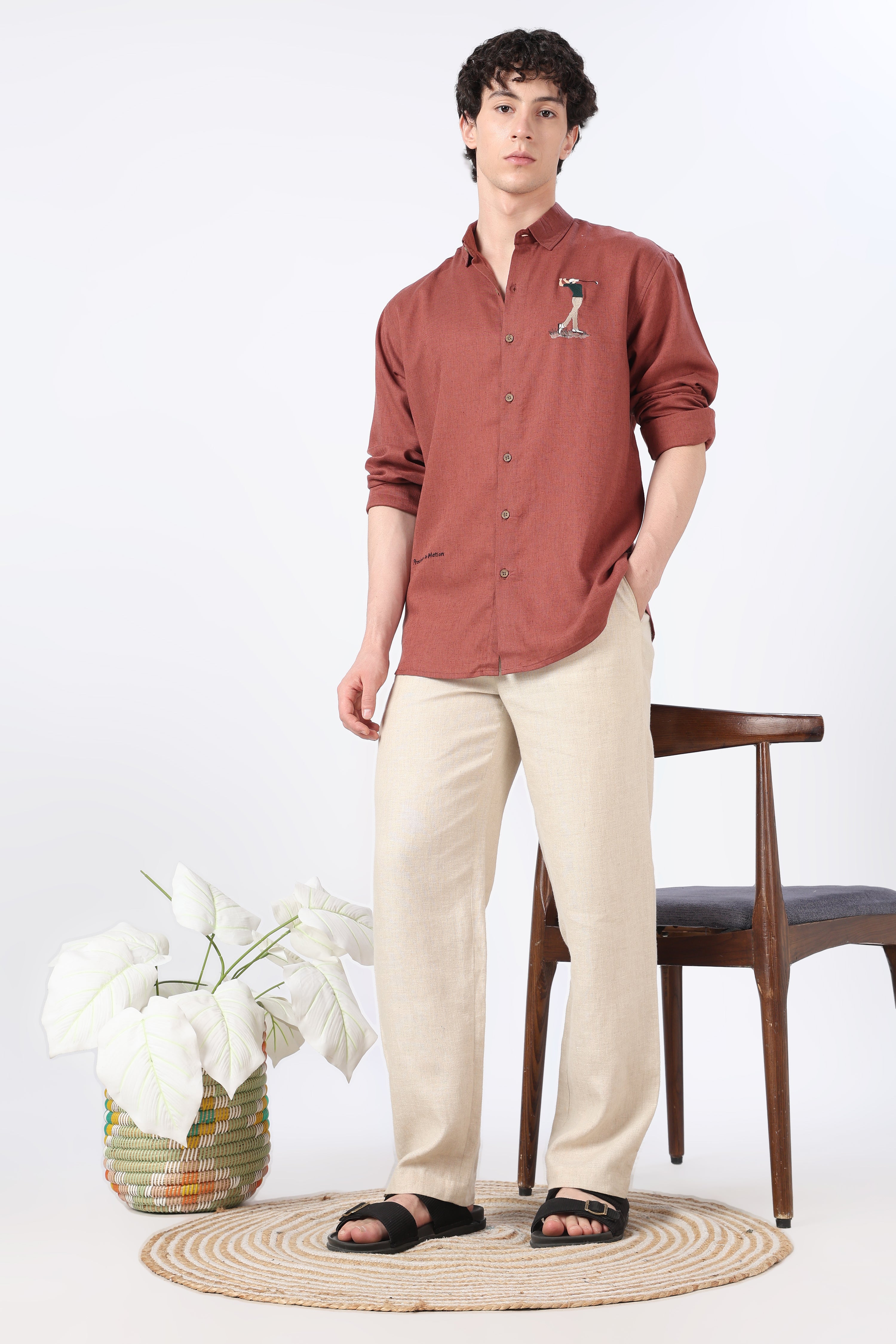 Golfer Mid-swing Cotton Regular Fit Rust Embroidered Shirt
