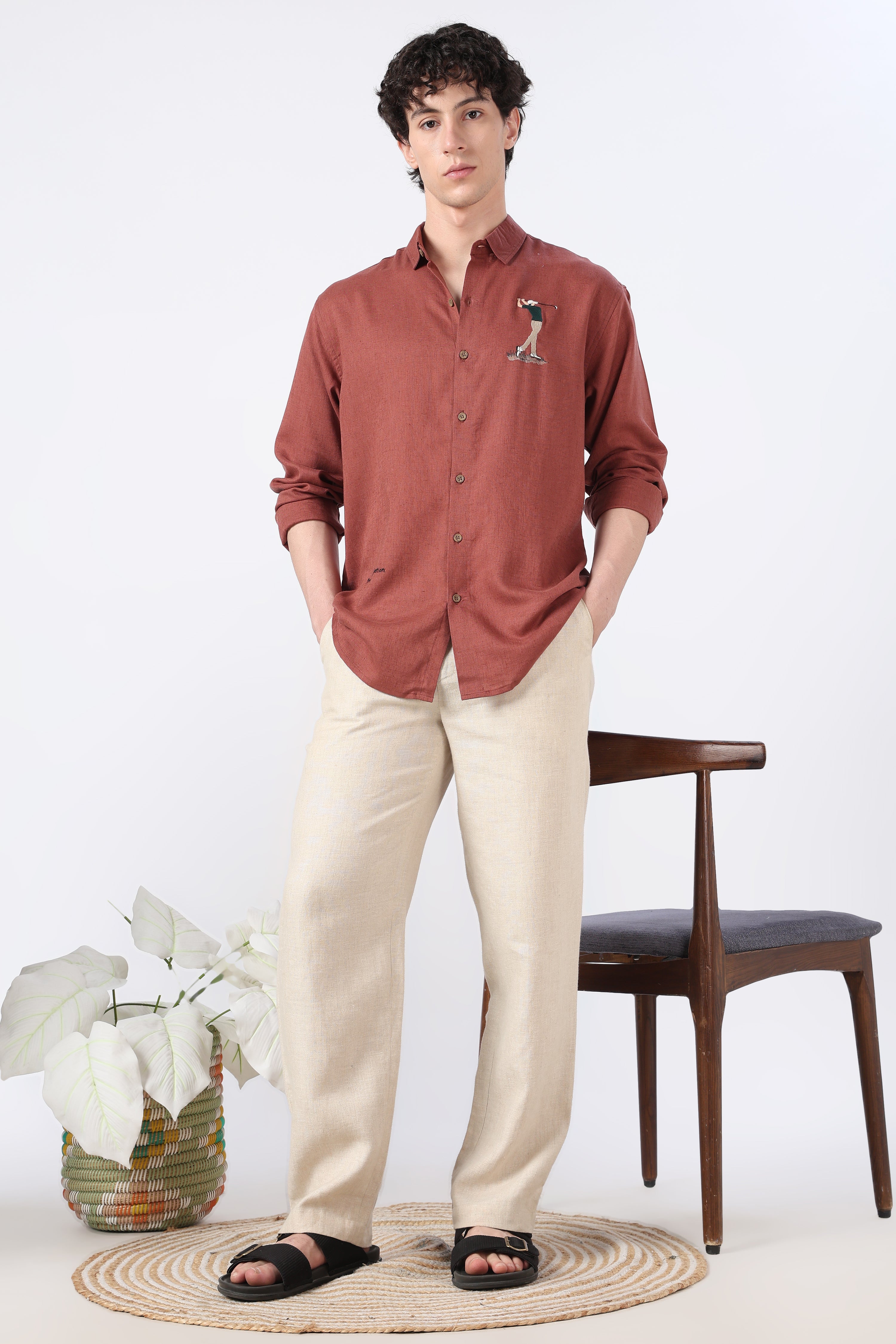 Golfer Mid-swing Cotton Regular Fit Rust Embroidered Shirt