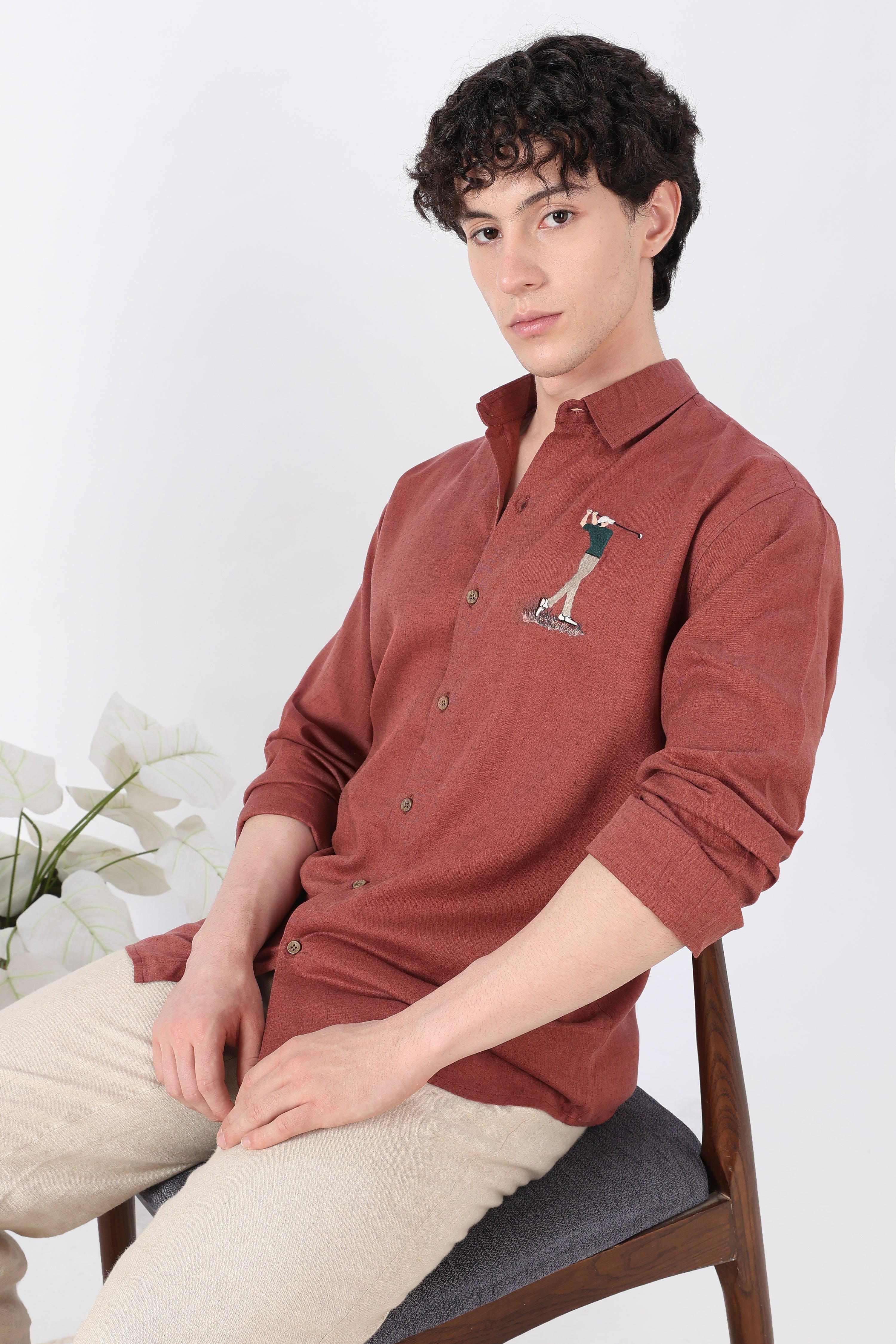 Golfer Mid-swing Cotton Regular Fit Rust Embroidered Shirt