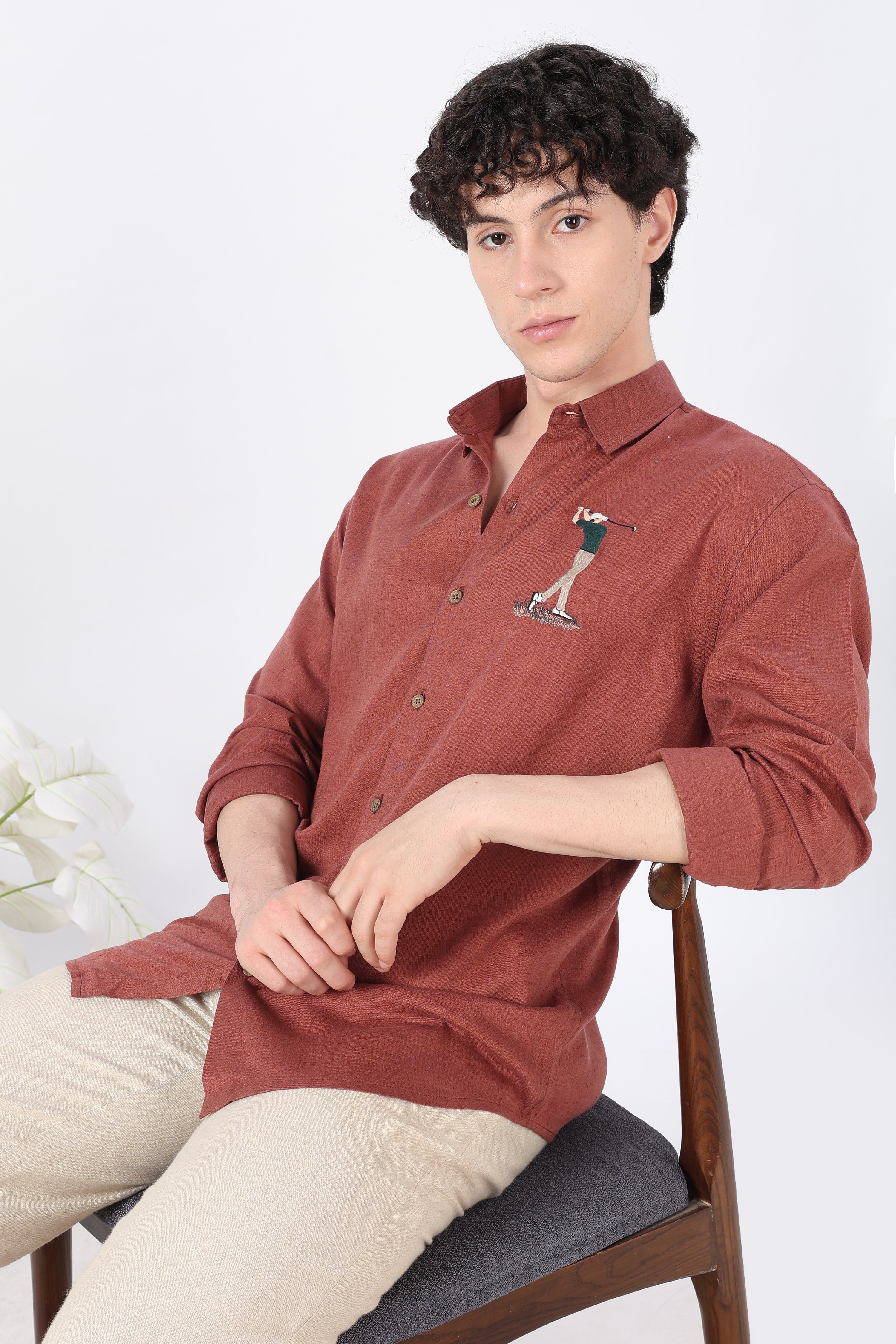 Golfer Mid-swing Cotton Regular Fit Rust Embroidered Shirt