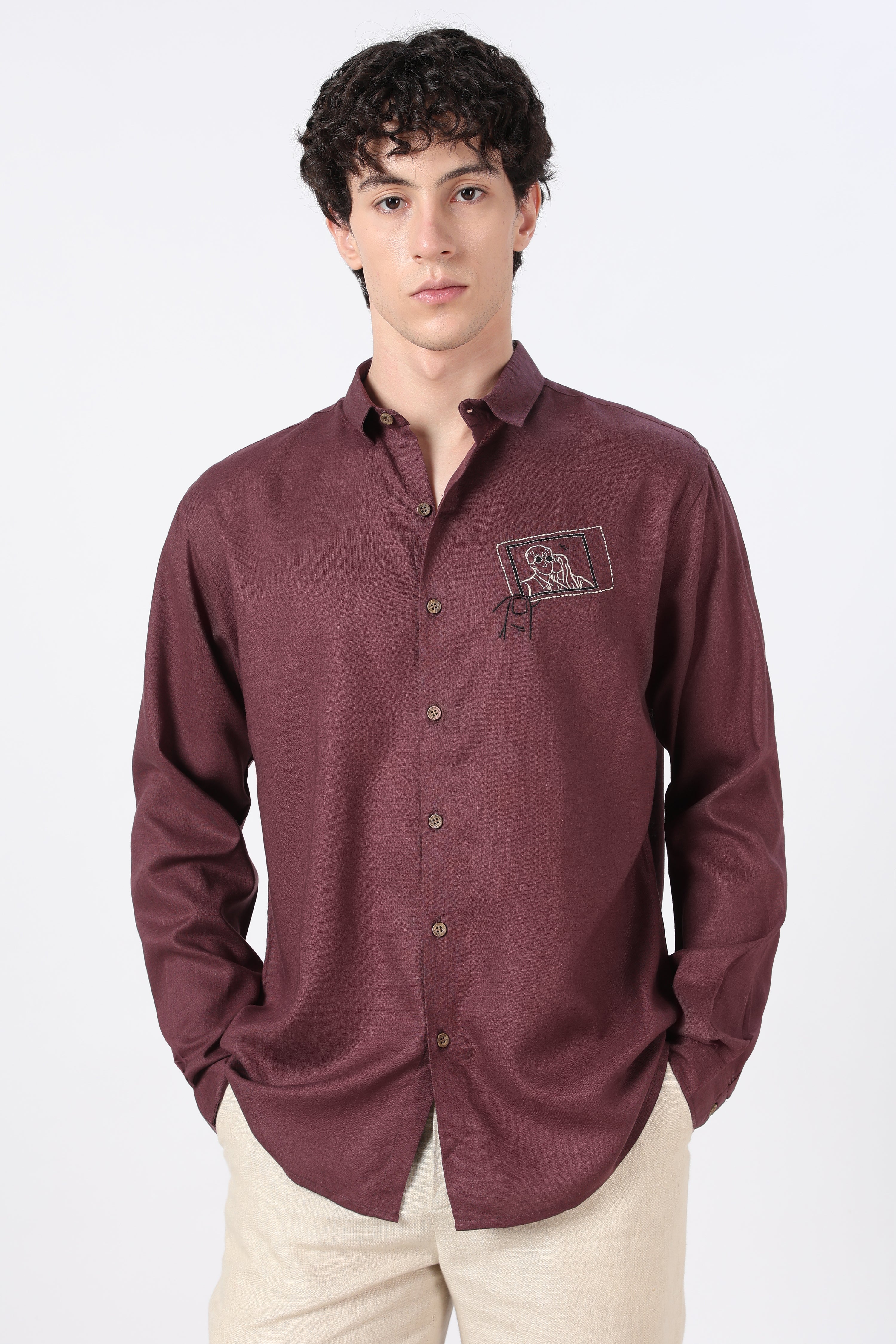 Snapshot Memory Cotton Regular Fit Burgundy Embroidered Shirt