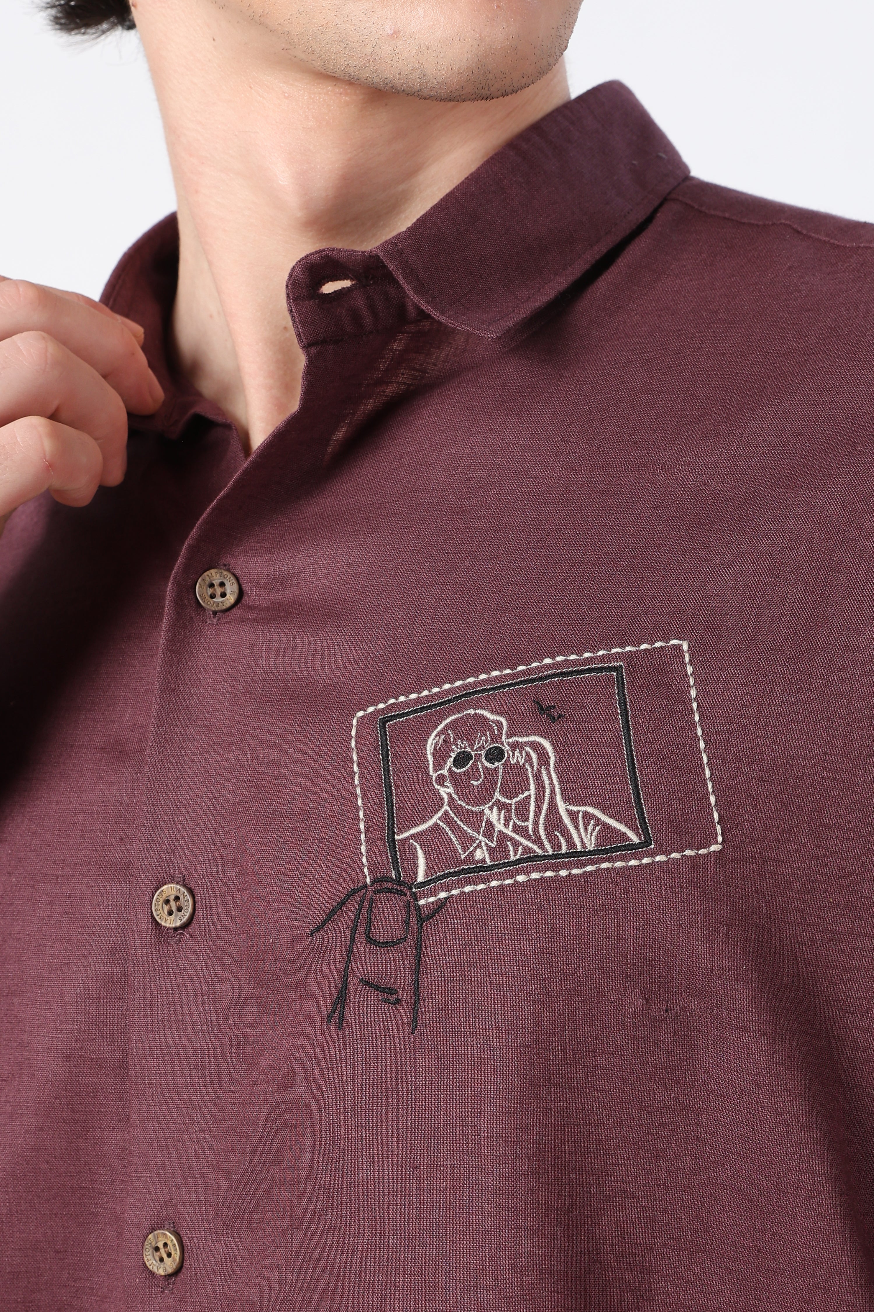 Snapshot Memory Cotton Regular Fit Burgundy Embroidered Shirt