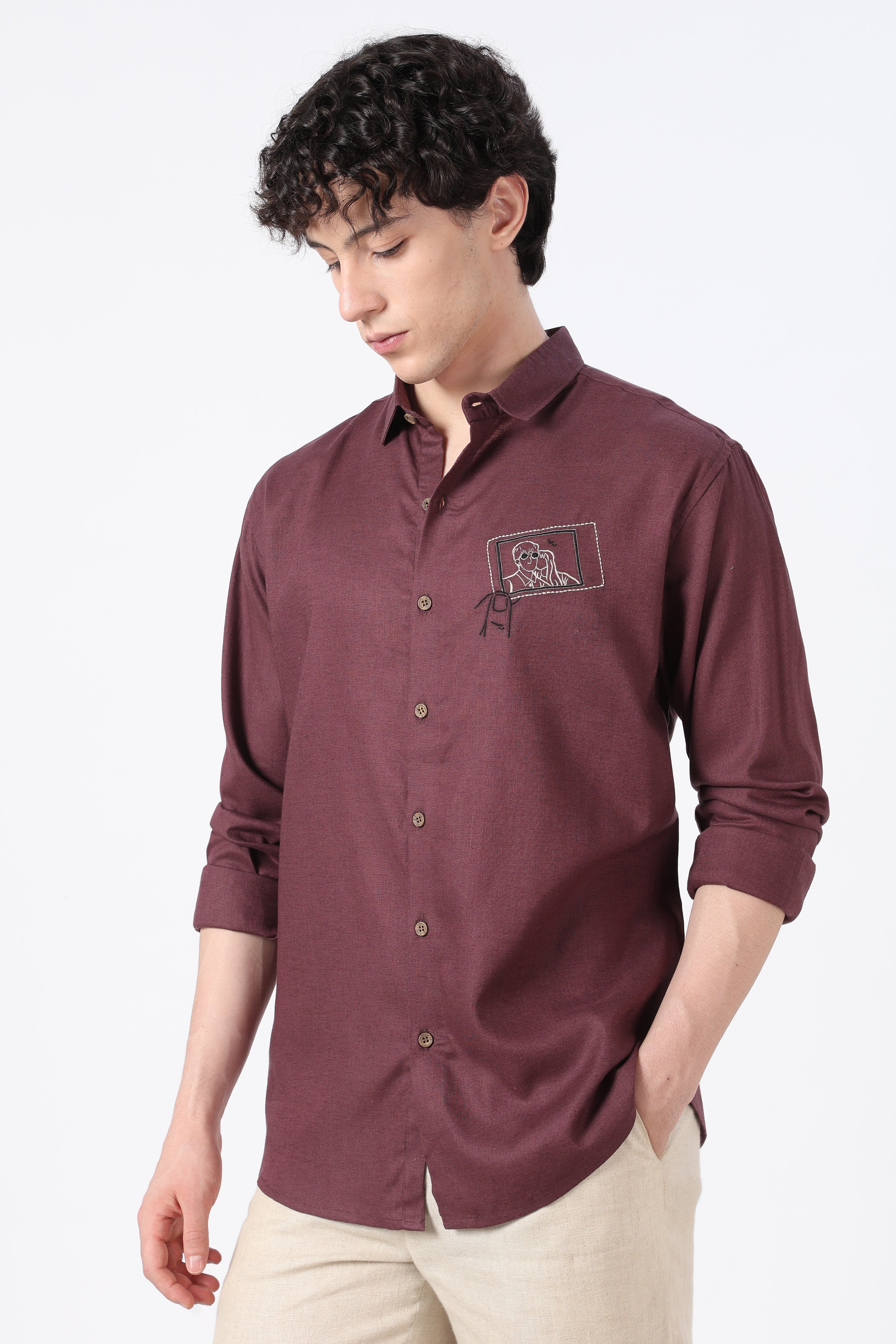 Snapshot Memory Cotton Regular Fit Burgundy Embroidered Shirt
