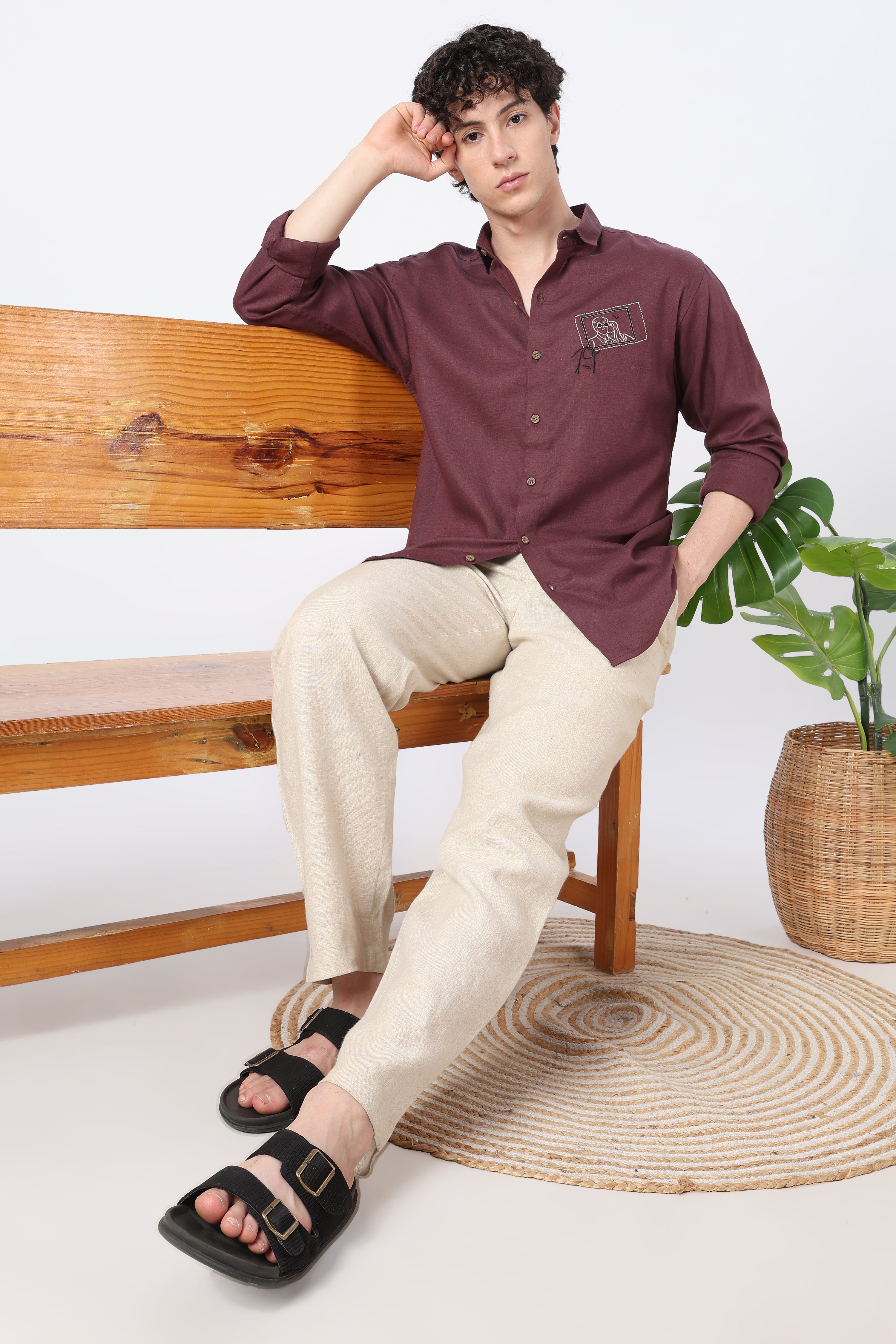 Snapshot Memory Cotton Regular Fit Burgundy Embroidered Shirt