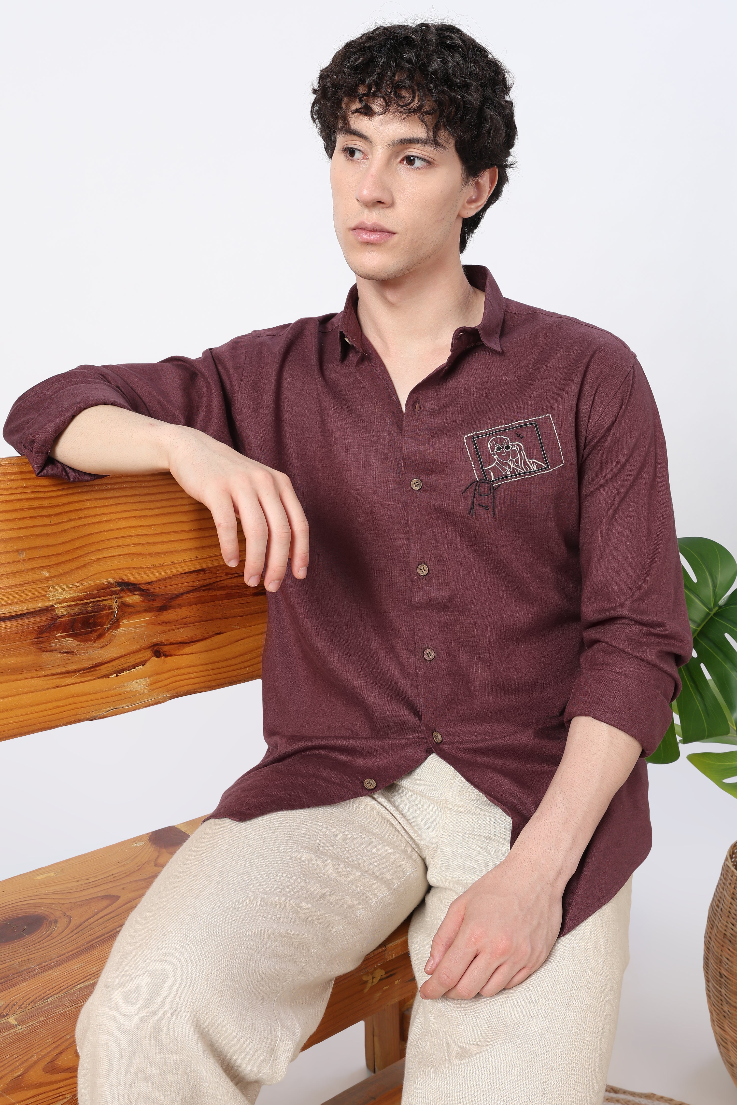 Snapshot Memory Cotton Regular Fit Burgundy Embroidered Shirt
