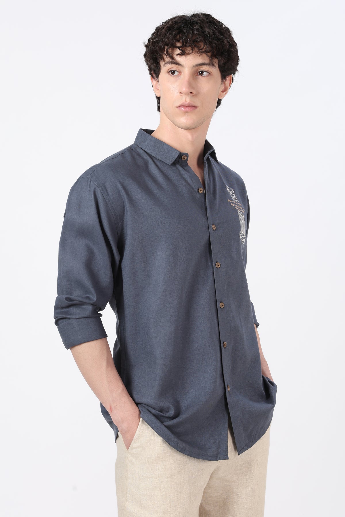 Heritage Classic Cotton Regular Fit Slate Blue Embroidered Shirt