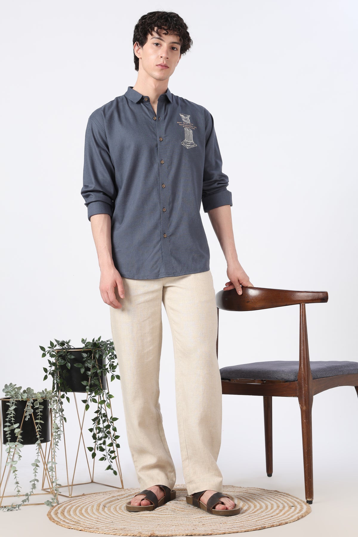 Heritage Classic Cotton Regular Fit Slate Blue Embroidered Shirt