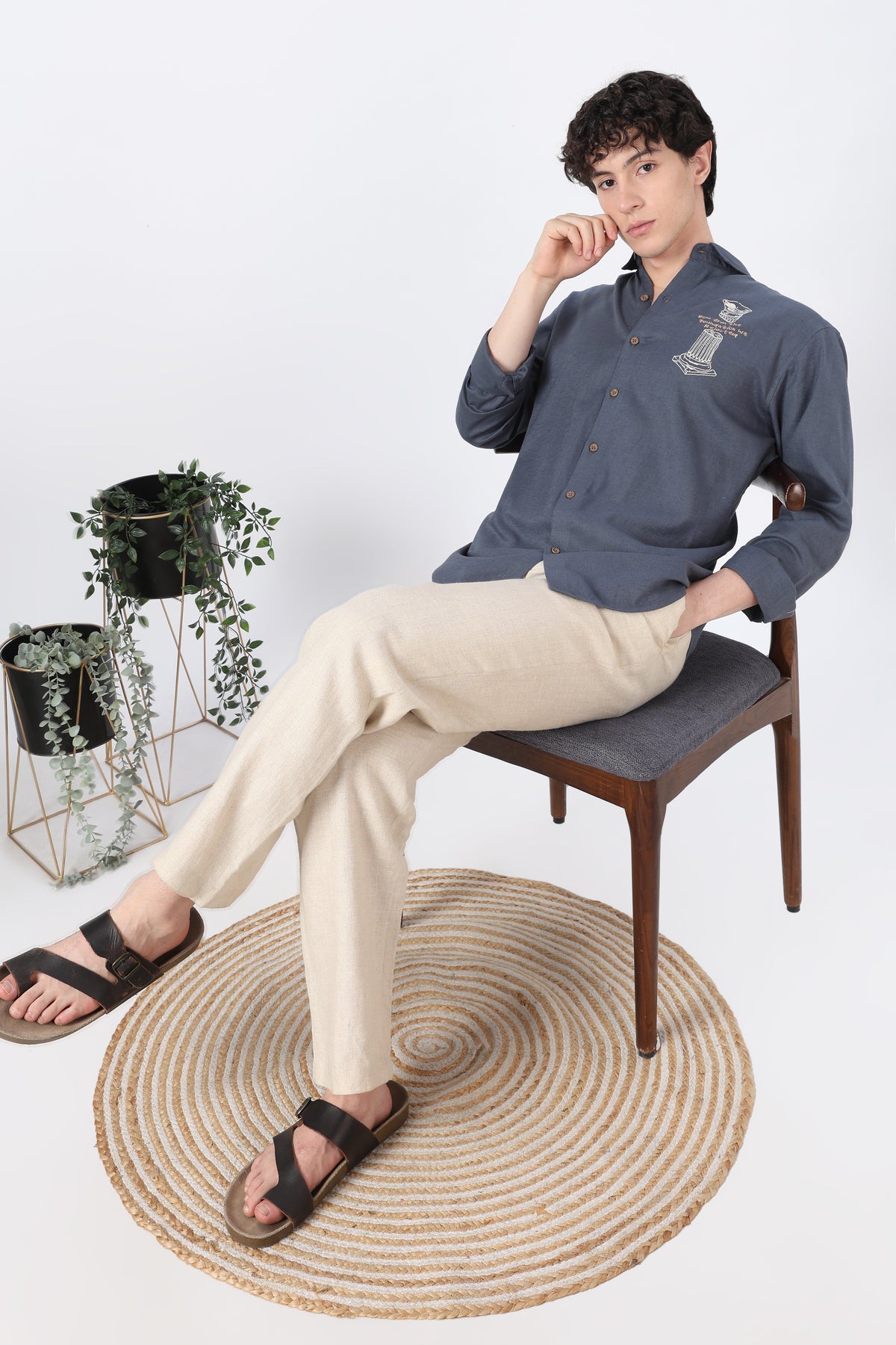 Heritage Classic Cotton Regular Fit Slate Blue Embroidered Shirt