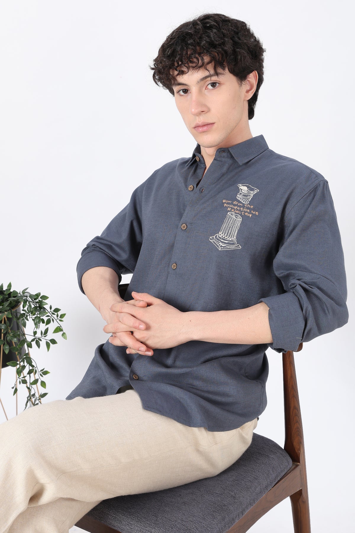 Heritage Classic Cotton Regular Fit Slate Blue Embroidered Shirt