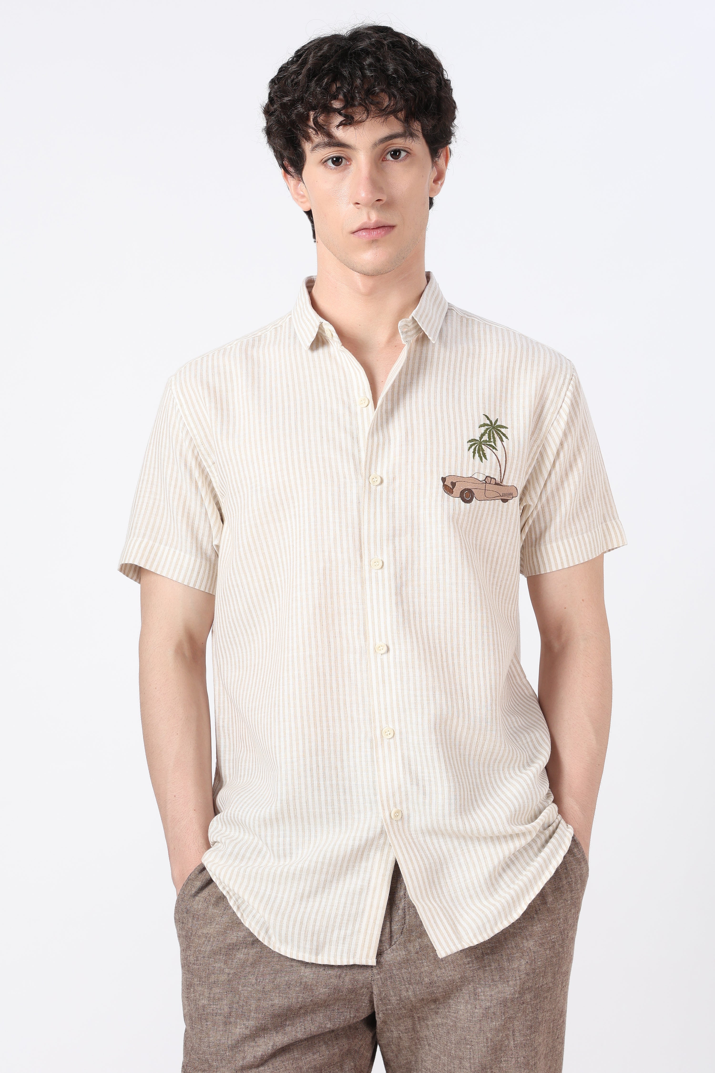 Palm Drive Cotton Regular Fit Brown Striped Shirt