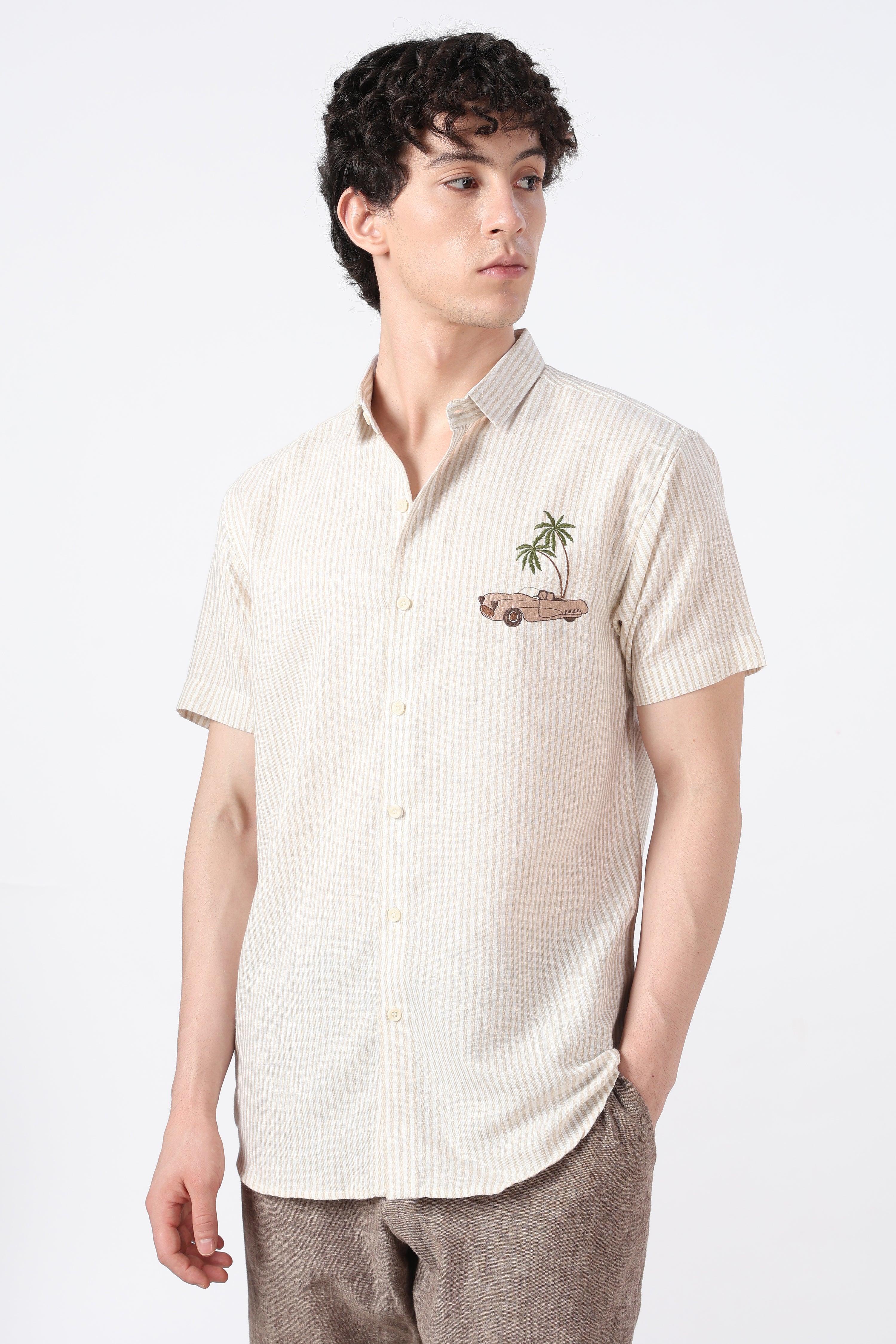 Palm Drive Cotton Regular Fit Brown Striped Shirt