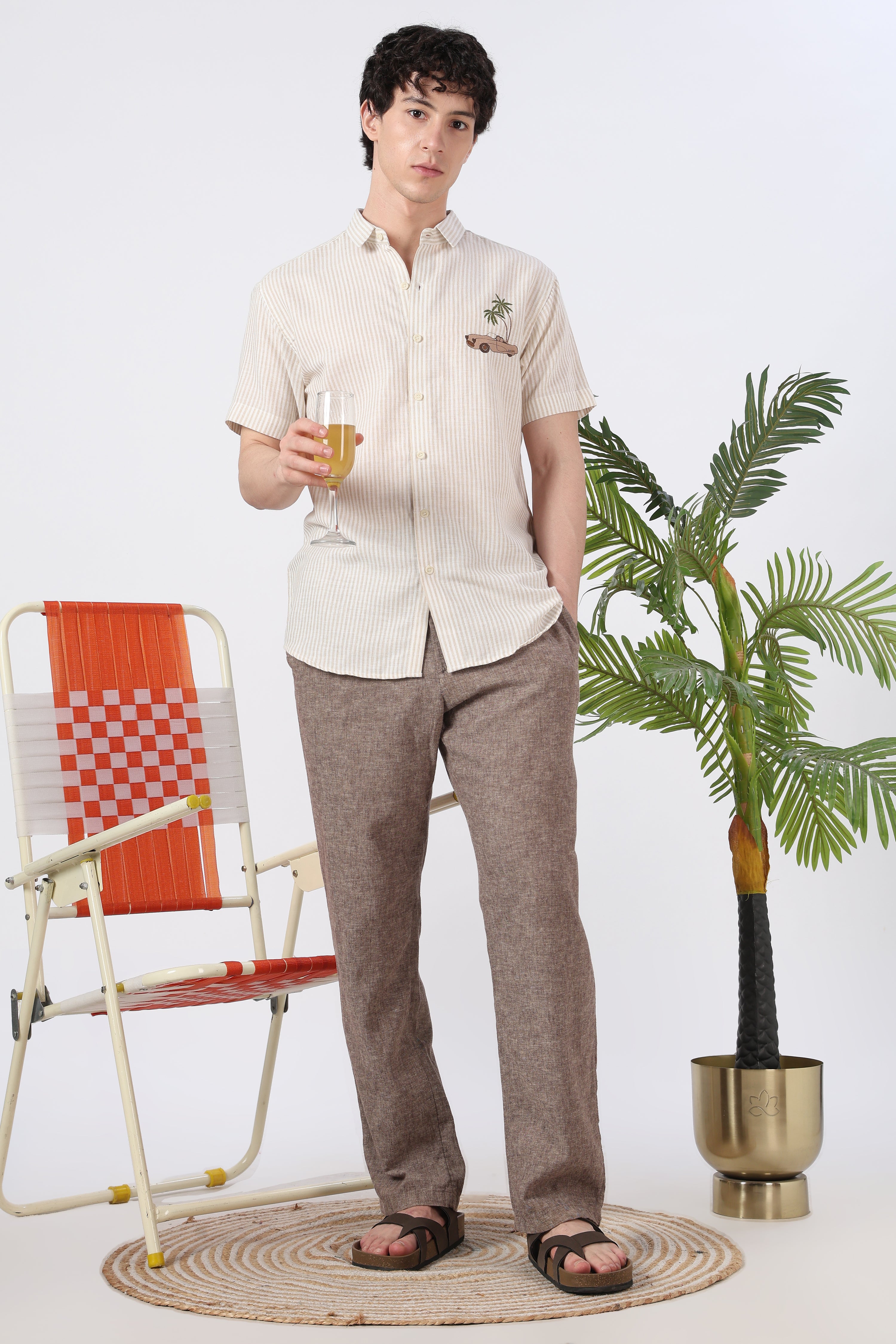 Palm Drive Cotton Regular Fit Brown Striped Shirt