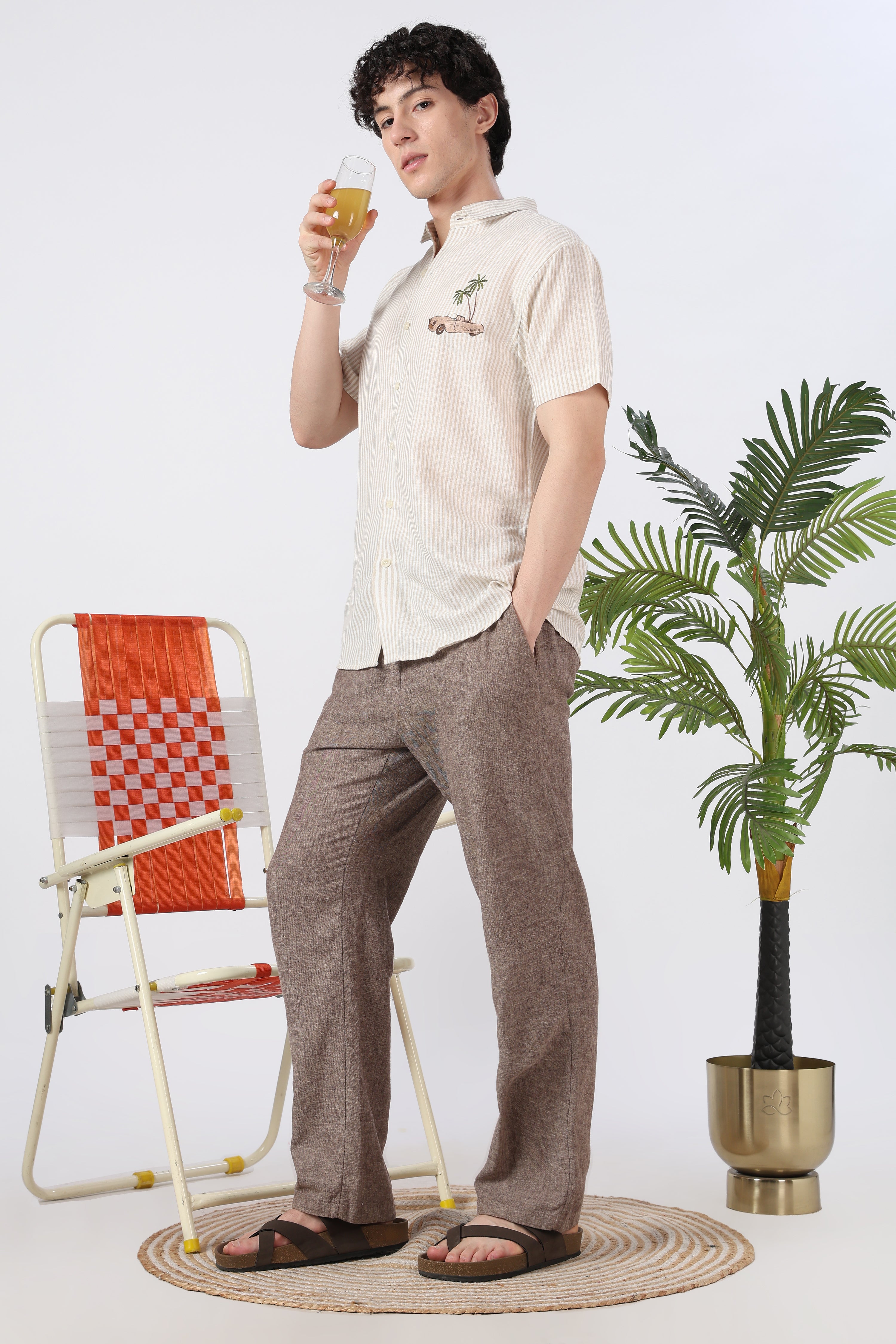 Palm Drive Cotton Regular Fit Brown Striped Shirt