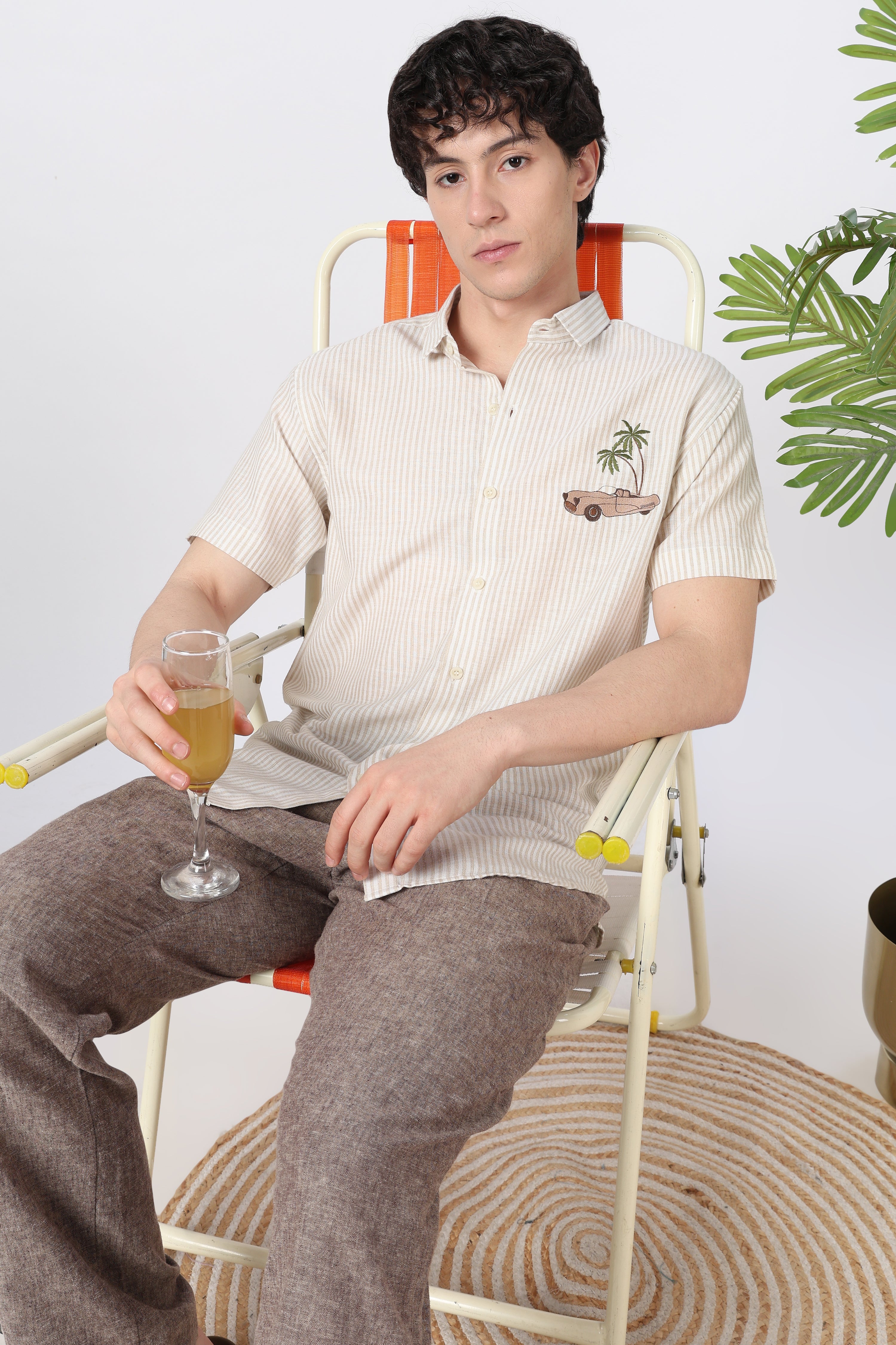 Palm Drive Cotton Regular Fit Brown Striped Shirt