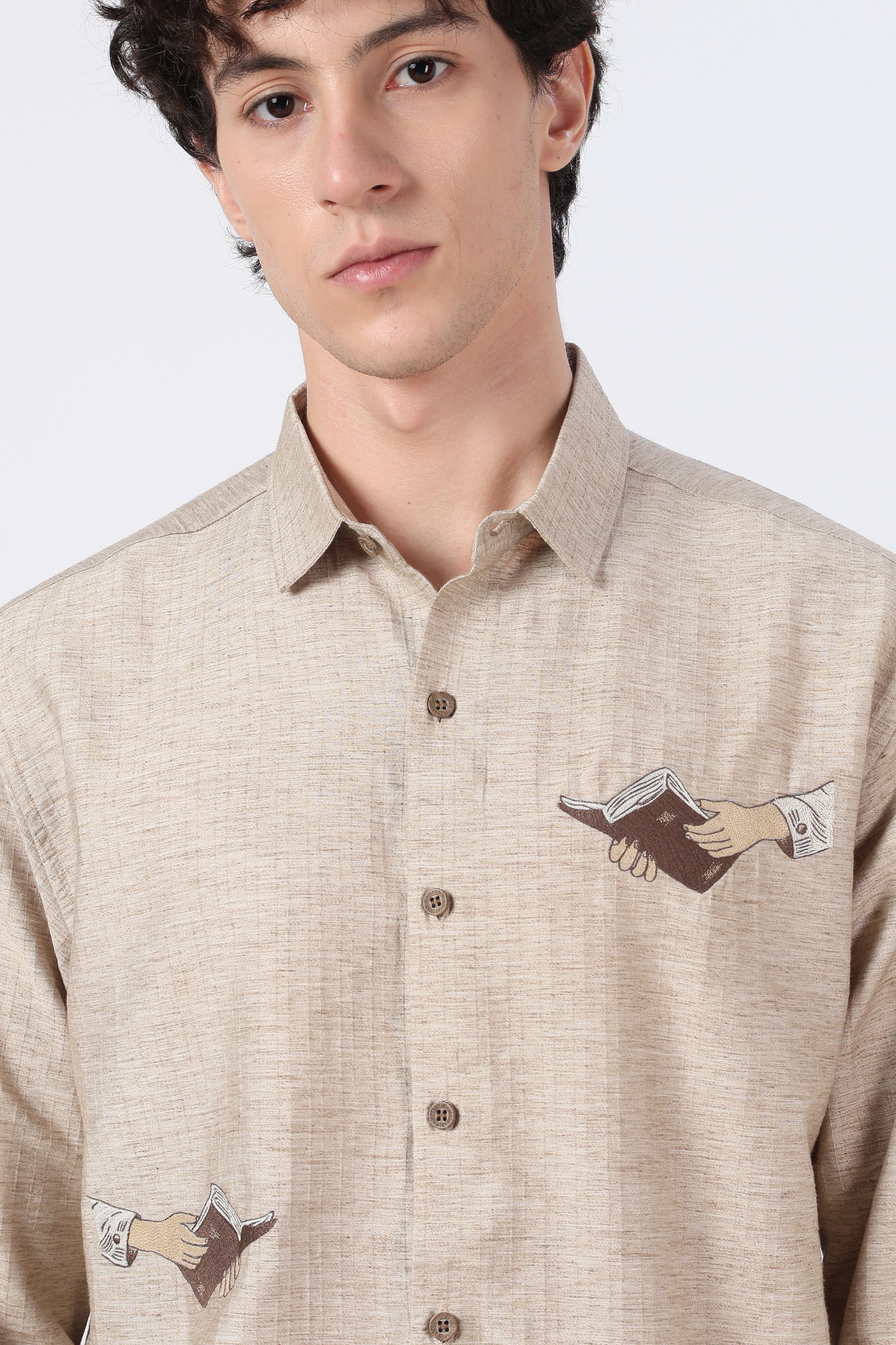 Hand Book Minimalist Cotton Regular Fit Brown Embroidered Shirt