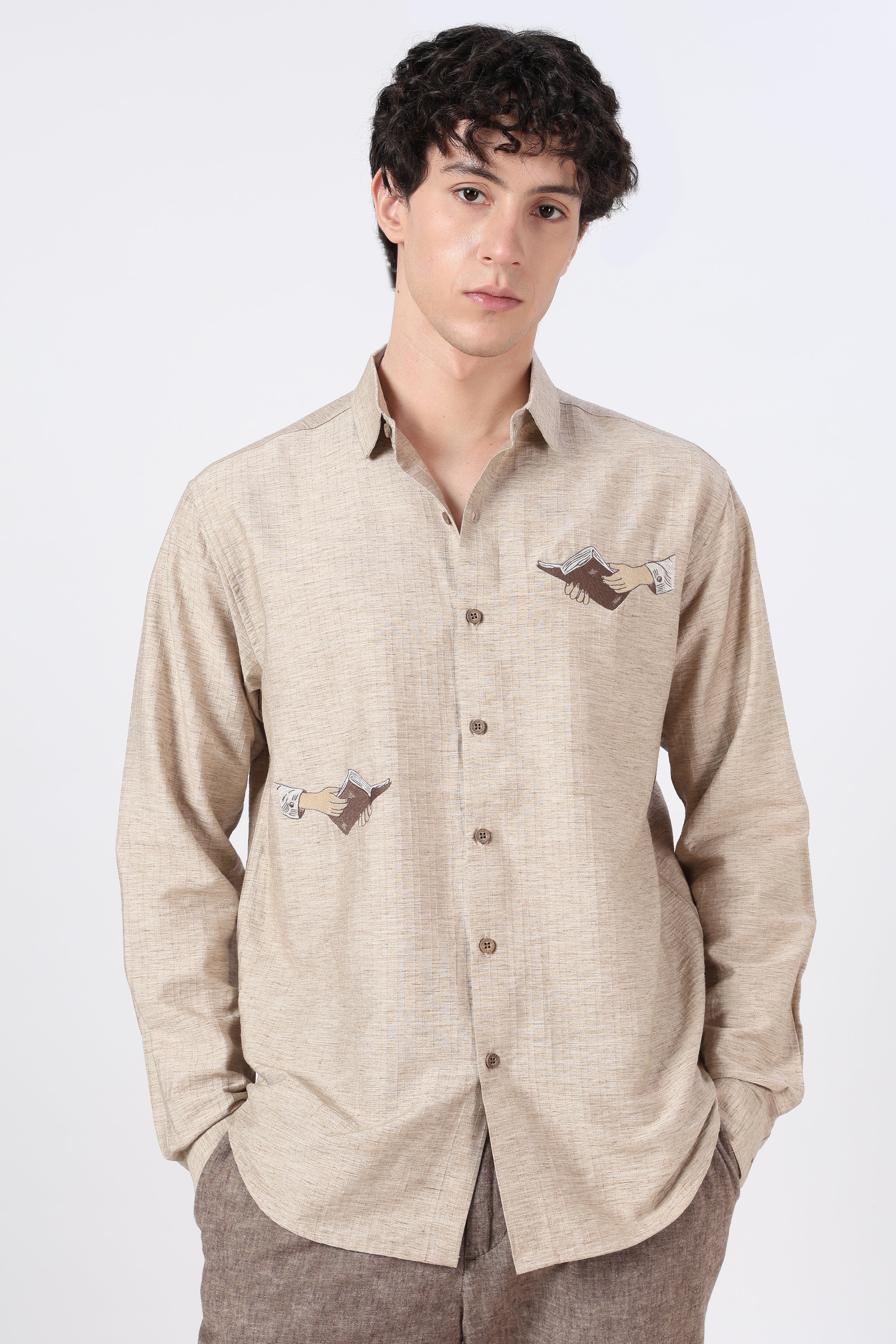 Hand Book Minimalist Cotton Regular Fit Brown Embroidered Shirt
